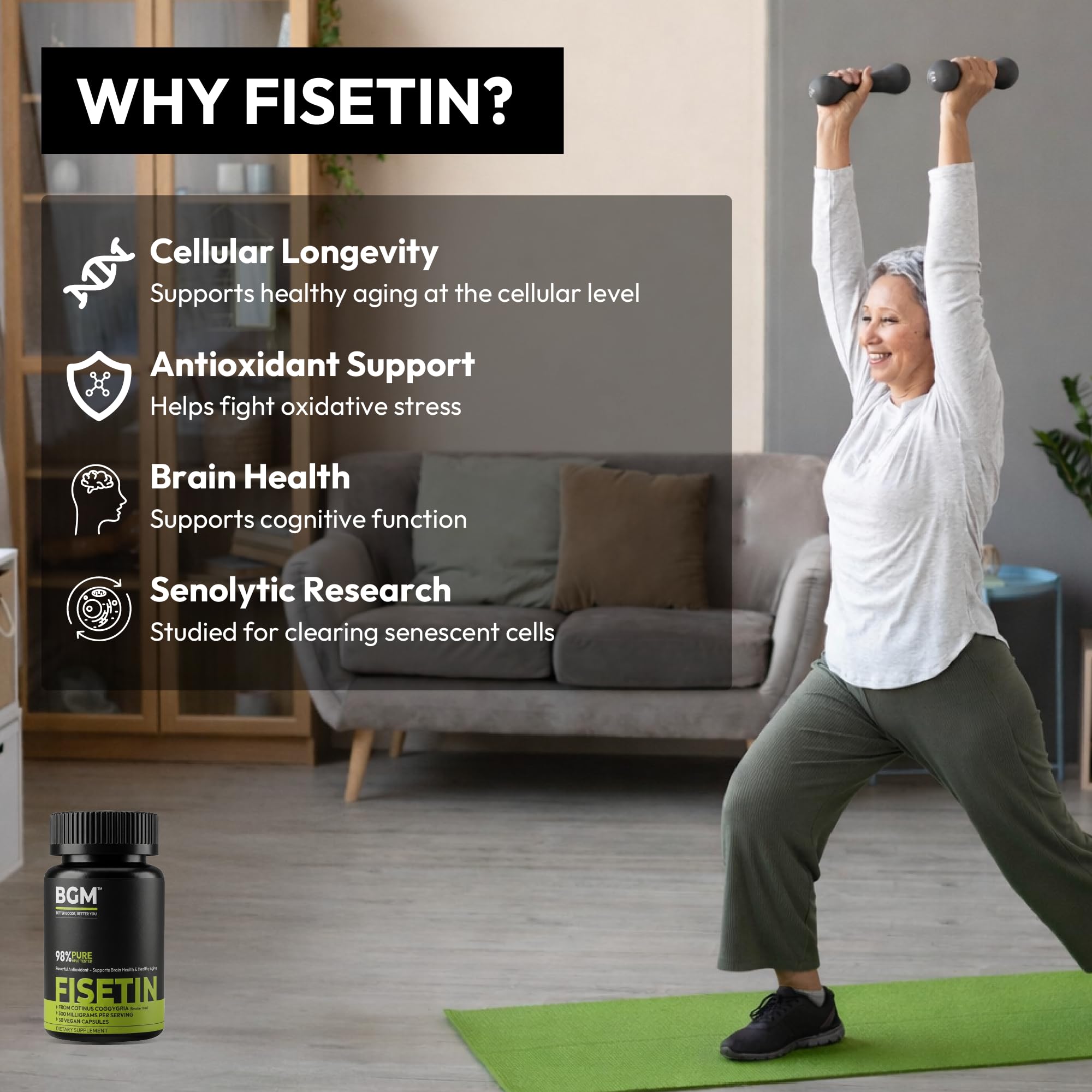 BGM Fisetin 500mg Supplement | Smoke Tree Extract (Cotinus coggygria) | 98% Pure Senolytic Antioxidant | Vegan Capsules | Supports Brain Health & Healthy Aging BGM Better Goods, Better YouAu supplements