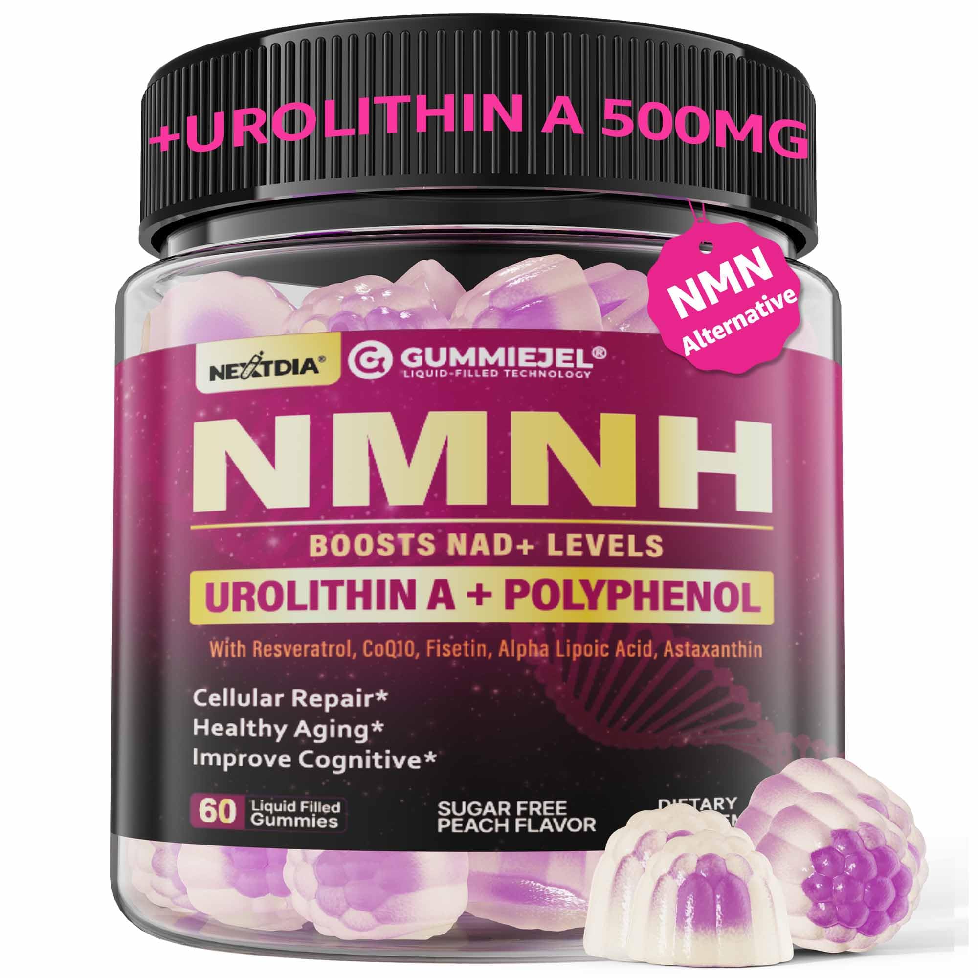 NMNH Gummies 300MG for Longevity with Urolithin A, Polyphenol Blend, Resveratrol, NAD+ Supplement for Women & Men Boost NAD+ Levels, Optimized Aging, Cell, DNA Repair, Energy, Focus, Sugar Free, 60cts NextdiaAu supplements