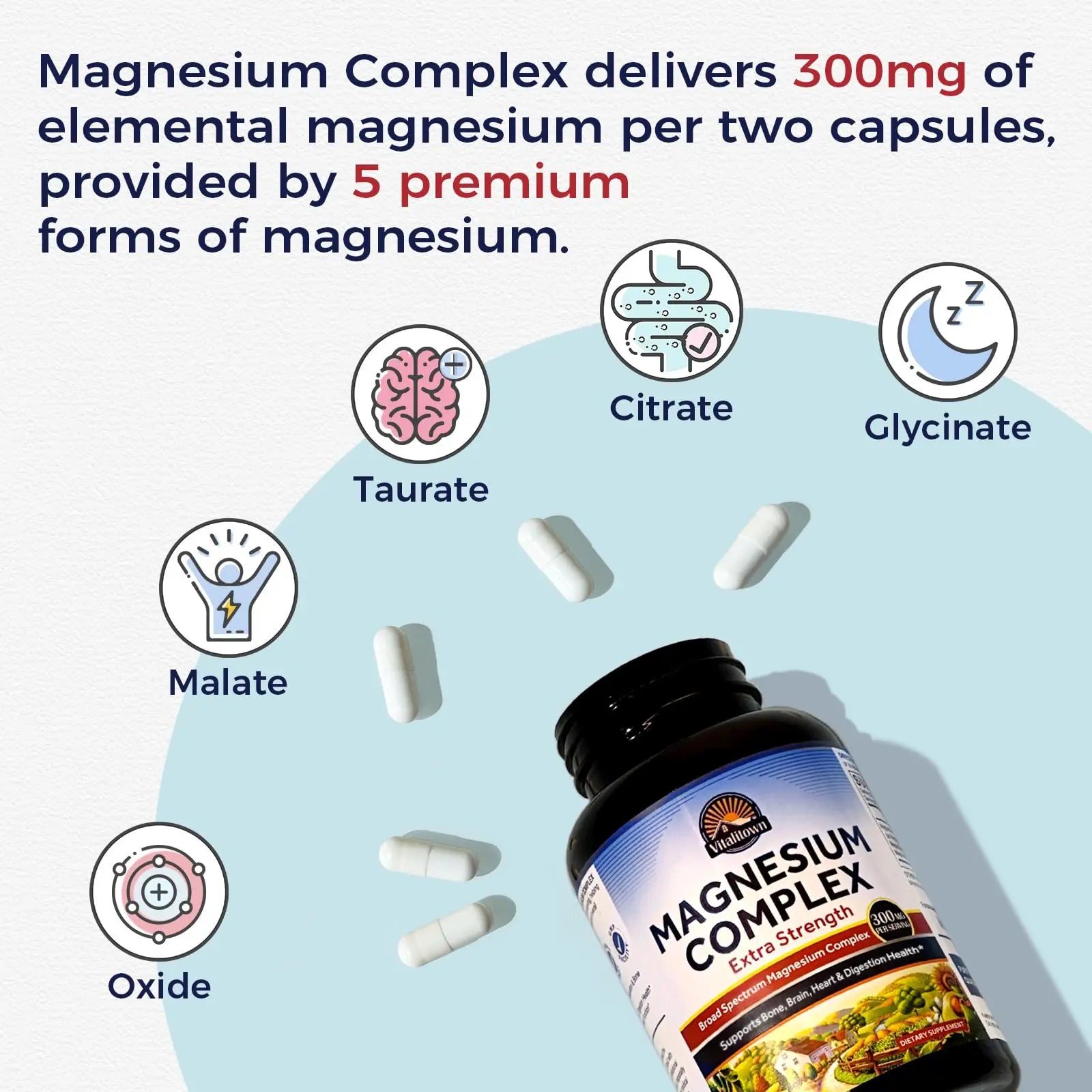 Vitalitown Magnesium Complex Supplement | 300mg Elemental Mag | Magnesium Citrate Glycinate Taurate Malate | Non-GMO, No Gluten, 90 Vegan Magnesio Capsules for Bone Brain Heart Vitalitownnz supplements