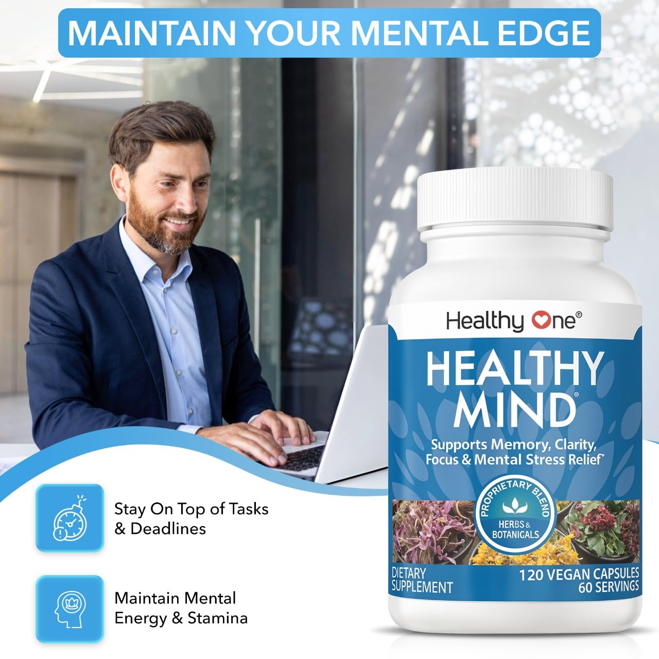 Healthy Mind - Safe for Teens - Brain Fog - Cognitive Function - Concentration - Focus - Neural Optimization - Mood - Ginkgo Biloba - Ginseng - Rhodiola - Bacopa - Gotu Kola - Green Tea - 60 Count Healthy OneAu supplements