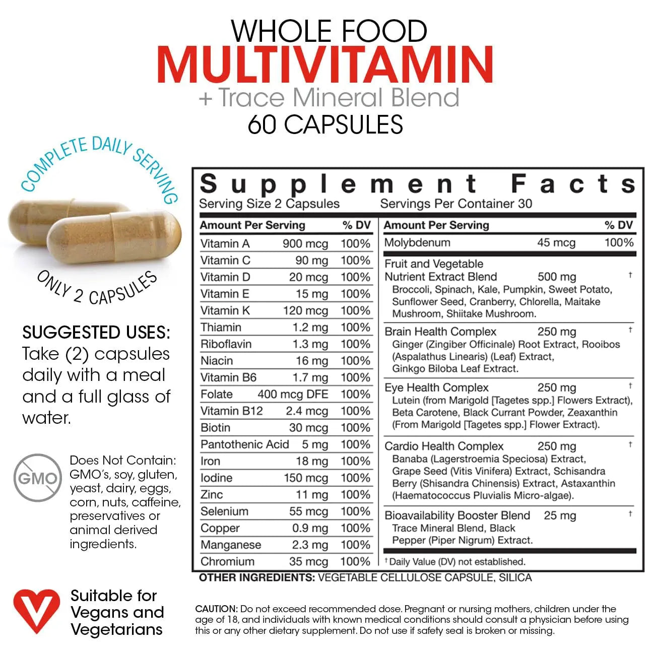 Silver Fern Whole Food Daily Multi Vitamin w/Trace Mineral Blend Supplement - 1 Bottle - 60 Vegicaps - 30 Day Supply - Natural Silver FernAu supplements