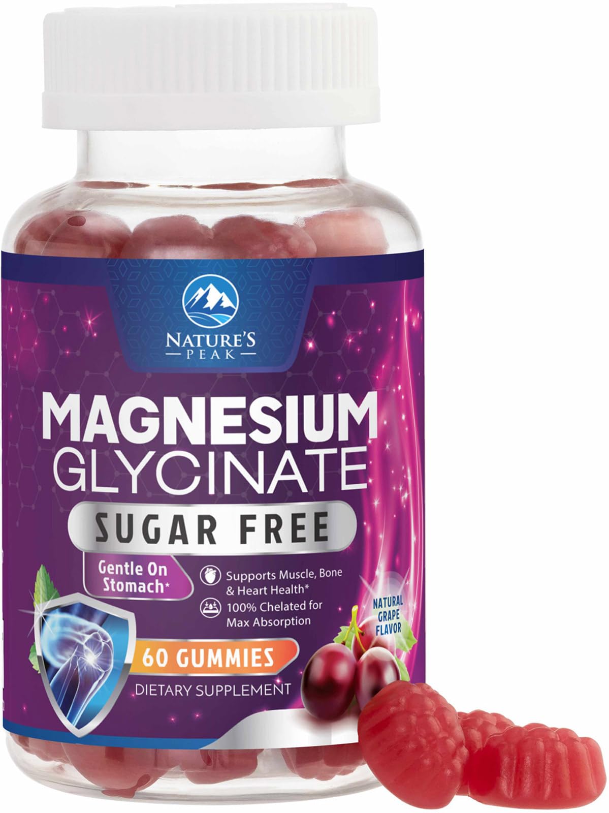 Magnesium Glycinate Gummies - Sugar Free - 100% Chelated Magnesium Gummy Supplement for Max Absorption - for Sleep Support & Heart, Muscle & Bone Health - Gentle on Stomach, Grape Flavor - 60 Gummies Nature's PeakAu supplements