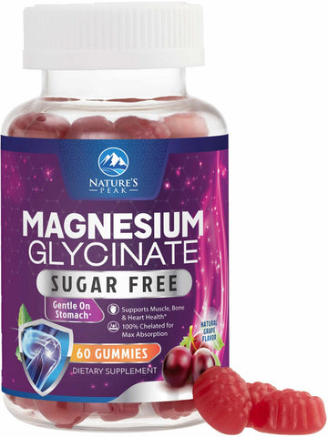 Magnesium Glycinate Gummies - Sugar Free - 100% Chelated Magnesium Gummy Supplement for Max Absorption - for Sleep Support & Heart, Muscle & Bone Health - Gentle on Stomach, Grape Flavor - 60 Gummies Nature's PeakAu supplements