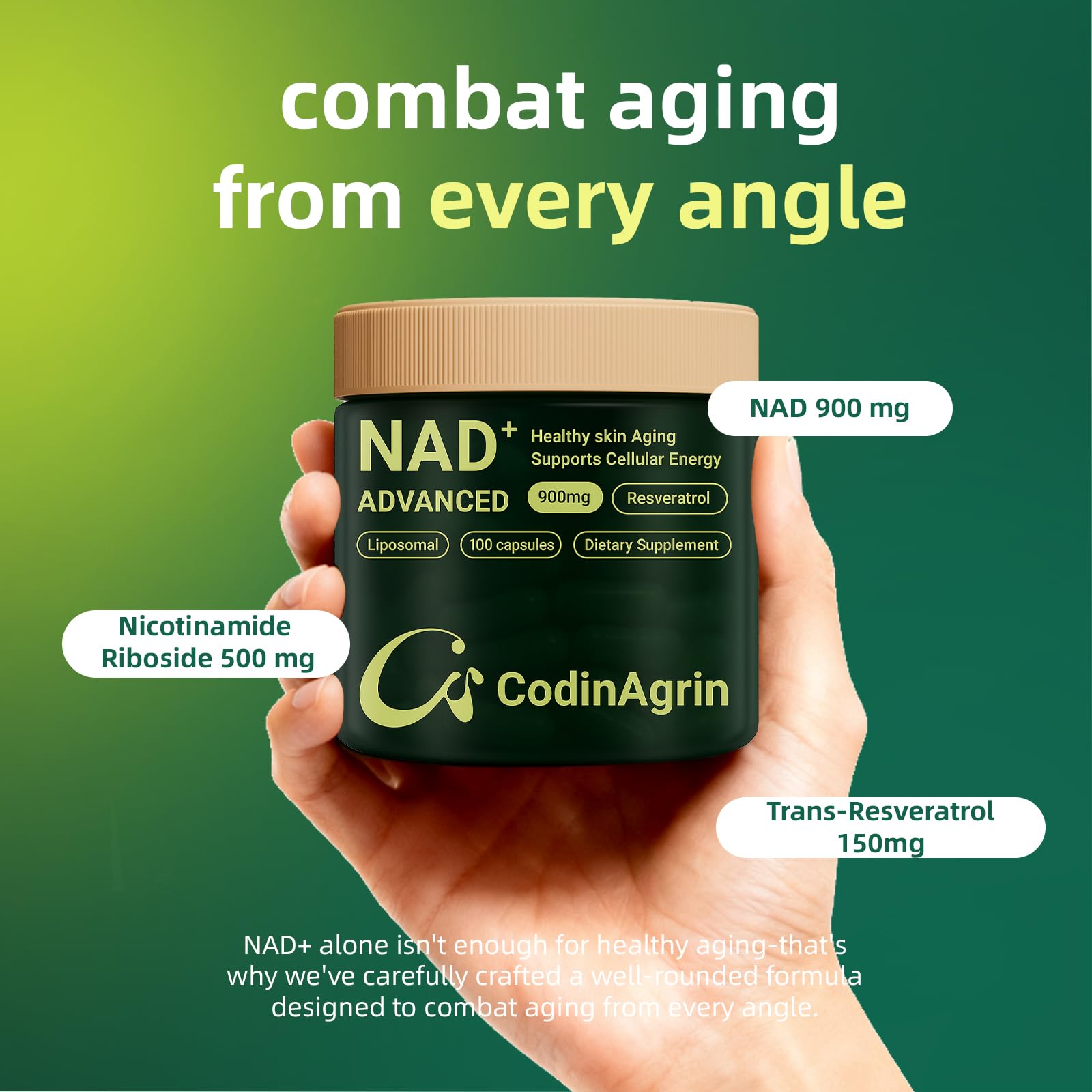 CodinAgrin NAD+ Supplement with Resveratrol 900mg Nicotinamide Adenine Dinucleotide Complex for Cellular Energy Repair, Anti-Aging & Mental Clarity Support, Non-GMO, Vegetarian Friendly, 100 Capsules CodinAgrinAu supplements