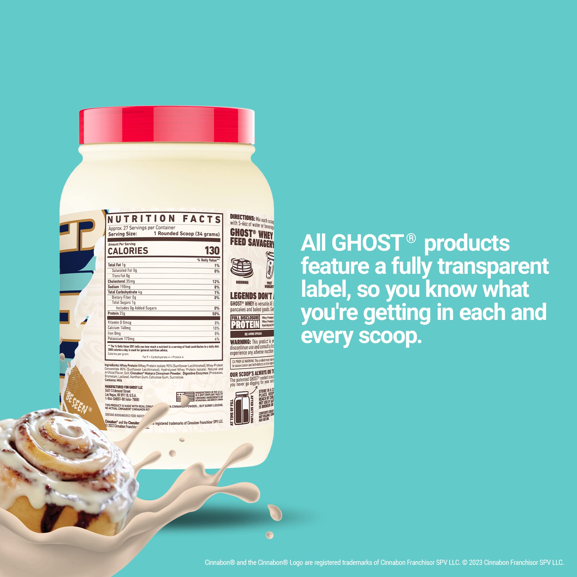 GHOST Whey Protein Powder, Cinnabon - 2LB Tub, 25G of Protein - Cinnamon Roll Flavore GHOSTUS supplements
