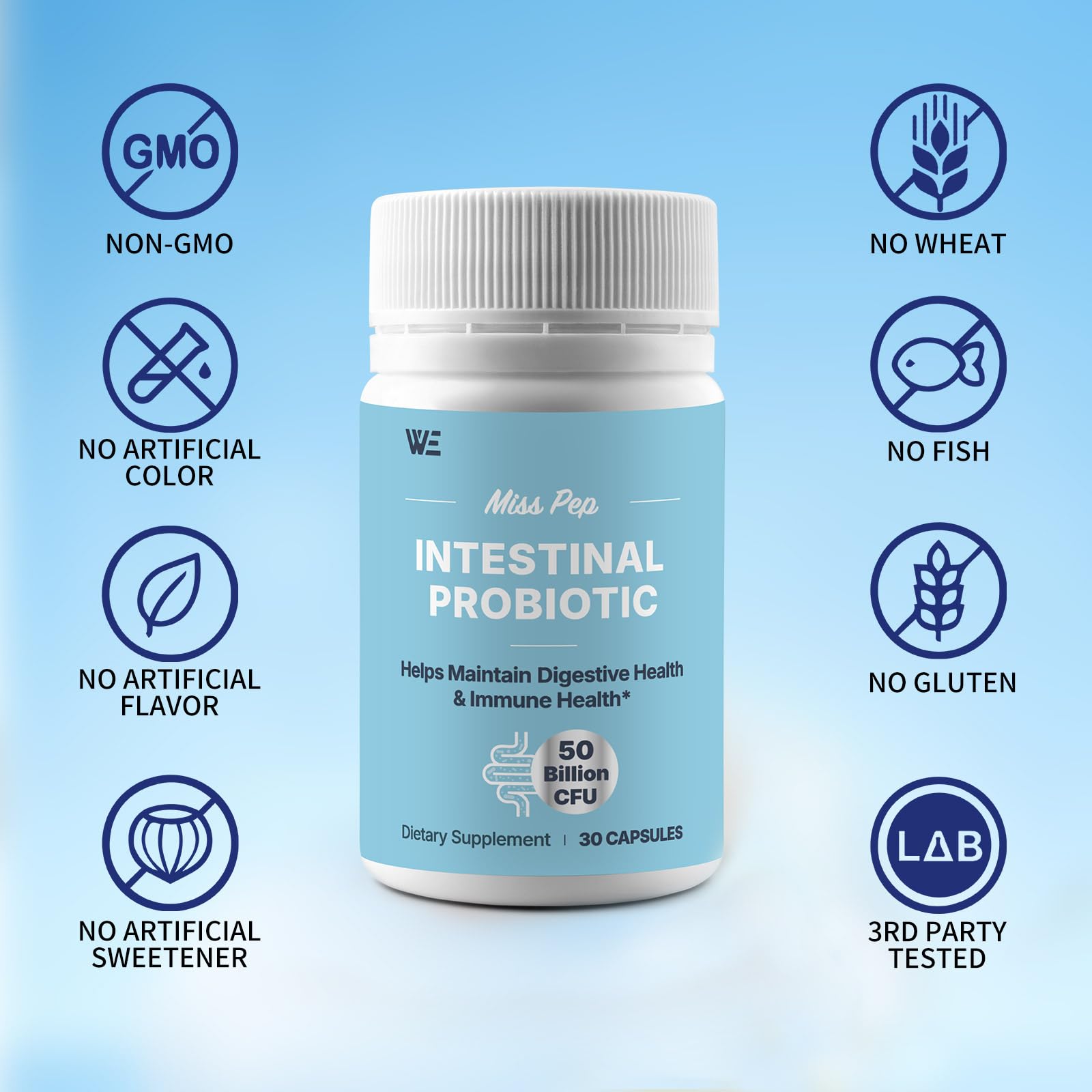MISS PEP Probiotics 50 Billion CFU - 8 Unique Strains + 3 Prebiotics - Immune, Digestive & Gut Health - Supports Occasional Constipation, Diarrhea, Gas & Bloating - Probiotics for Women & Men - 30ct MISS PEPAu supplements