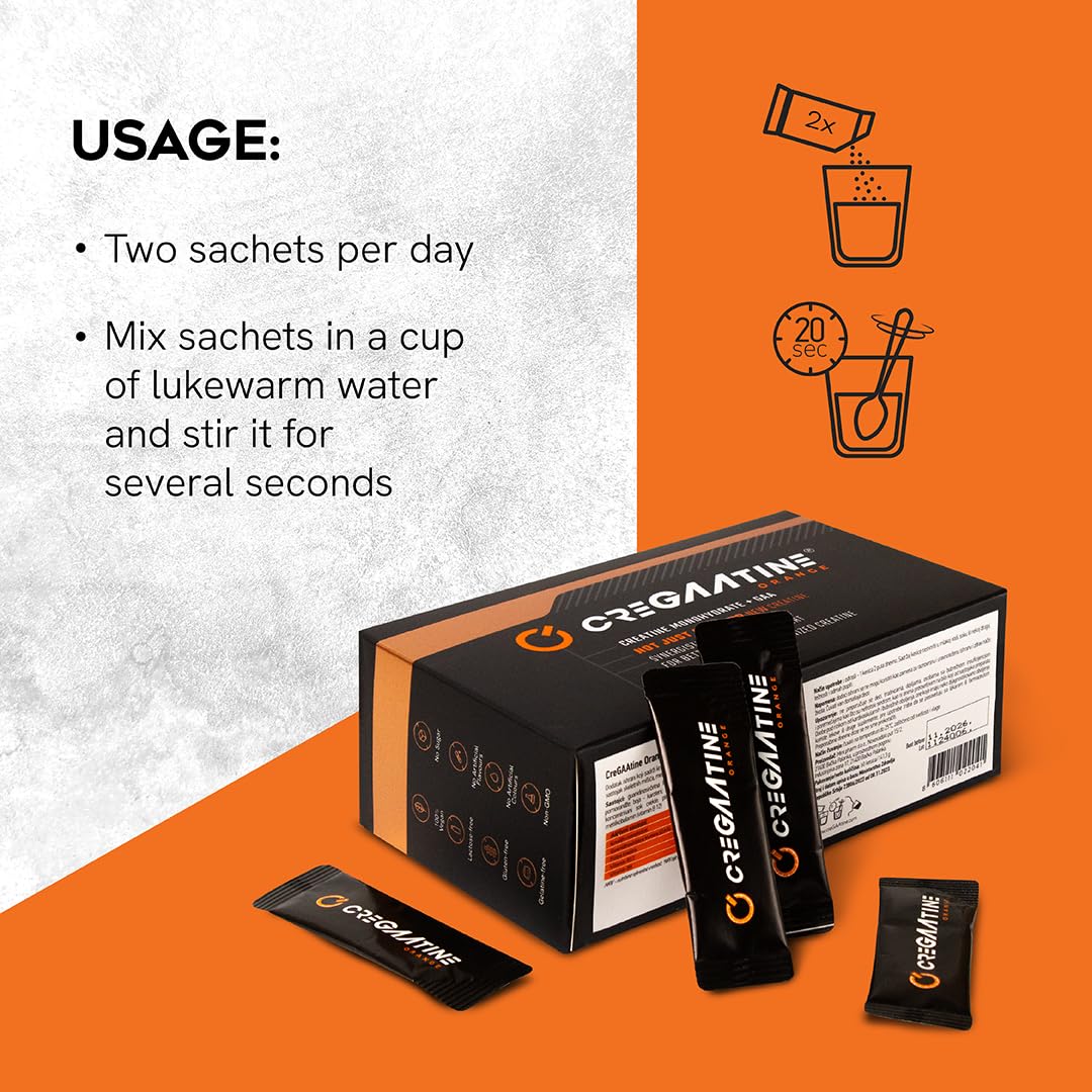CreGAAtine Micronized Creatine Monohydrate + GAA | Increase Strength, No Water Retention | Boosts Memory & Focus | Single-Serve Packets | 60 Sachets, 30 Servings | (Sachets, Orange) CreGAAtineAu supplements