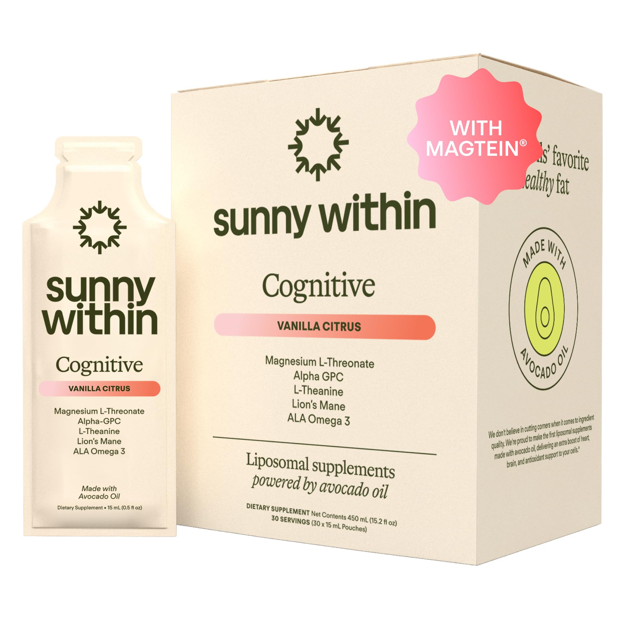 Sunny Within - Brain Health Supplement - Magnesium L-Threonate from Magtein®, Lion’s Mane, Alpha GPC, L-Theanine, ALA & Avocado Oil - Focus, Mood & Memory Support* - 30 Daily Vegan Pouches Sunny WithinAu supplements