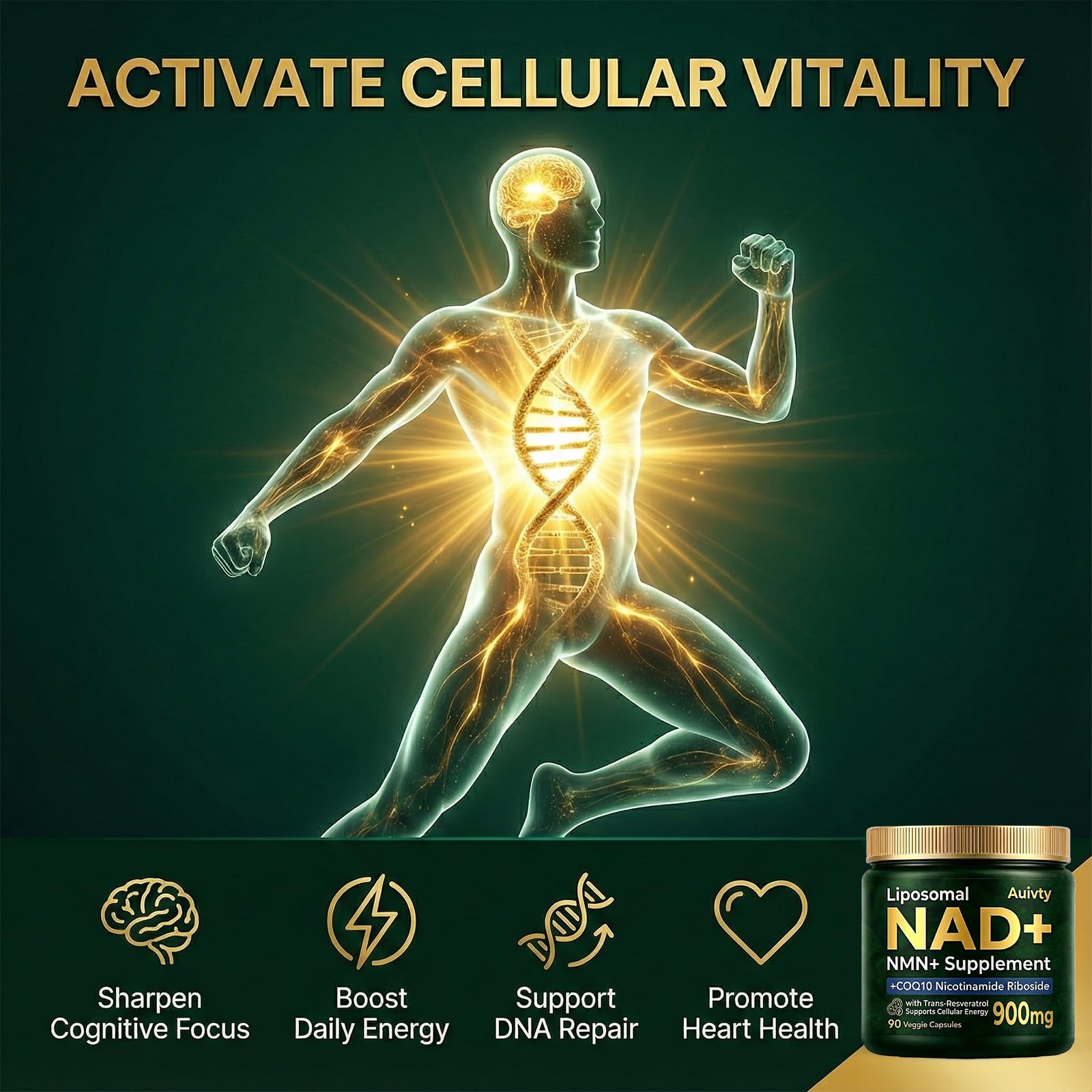 Auivty Liposomal NAD+ NMN Supplement with COQ10, Nicotinamide Riboside, Trans-Resveratrol, 900mg, 90 Veggie Capsules AuivtyAu supplements