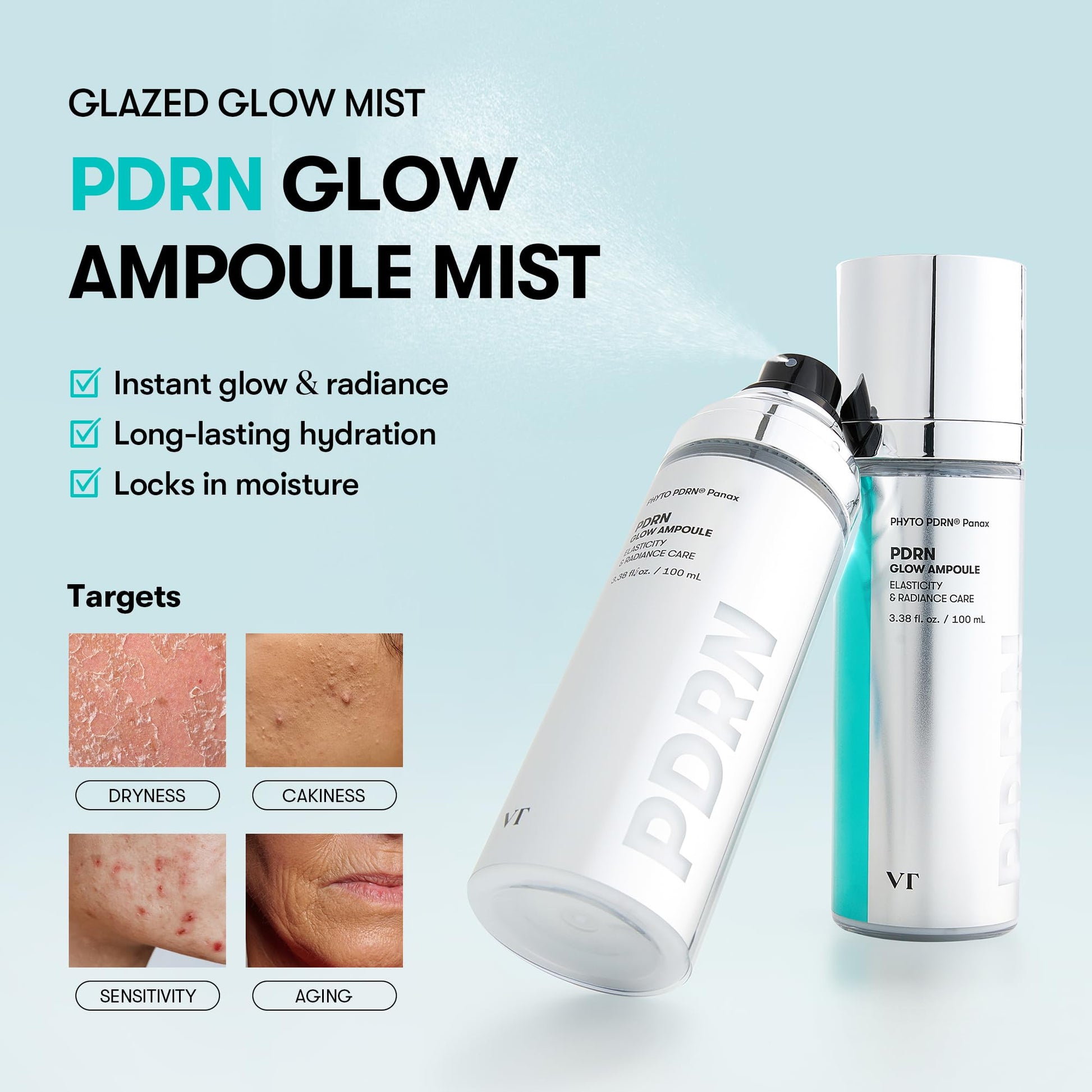 VT COSMETICS PDRN Glow Ampoule, PDRN Facial Mist, Deep Hydration Spray Serum, Vegan Skin Care, Light-weight Face Moisturizer, Plumping Effect, Fragrance-Free, Korean SkinCare (3.38 fl oz / 100 ml) VT COSMETICSAu supplements