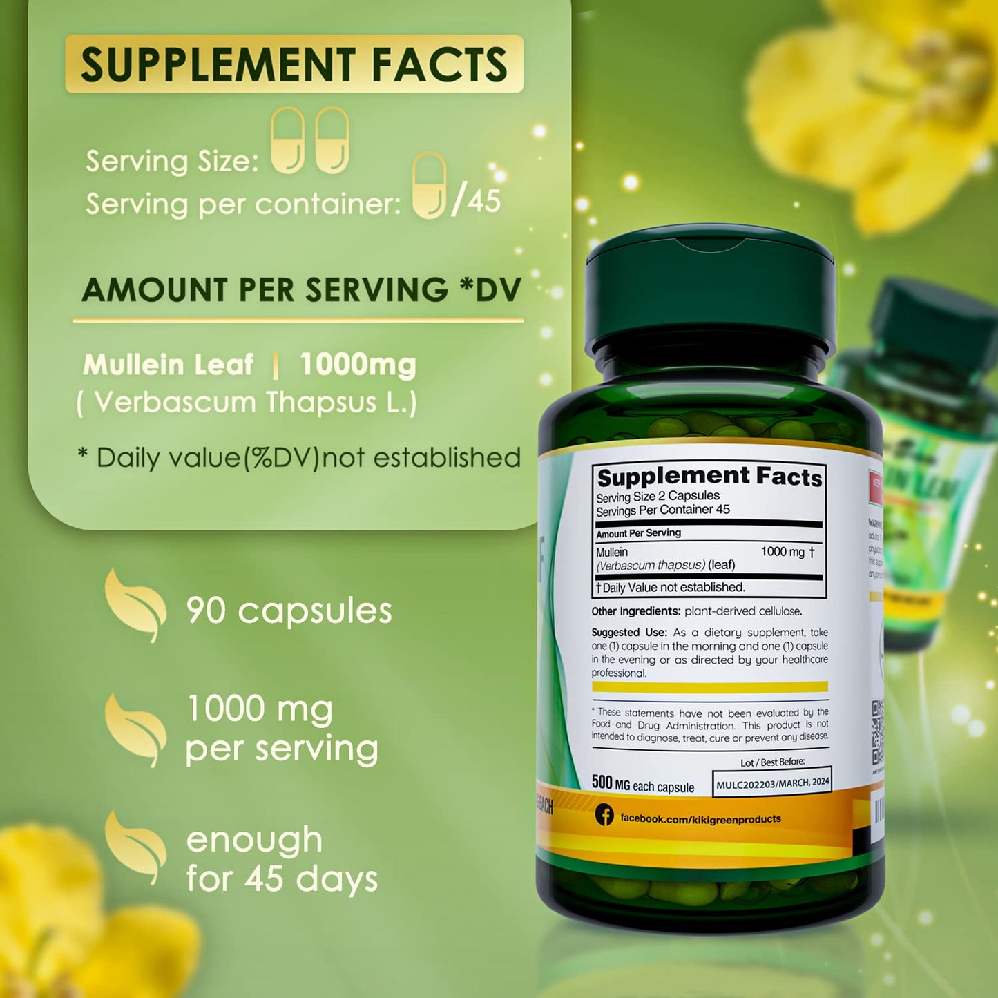 KIKI Green Mullein Leaf Extract Capsules - Herbal Respiratory Supplement - for Lung Cleans KIKI GreenUS supplements