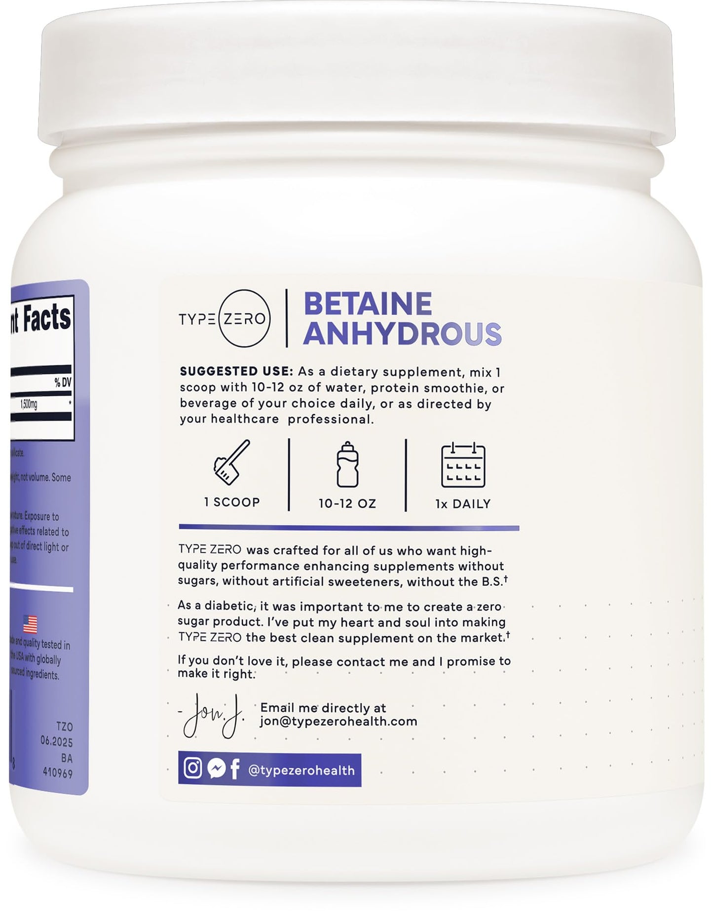 Type Zero Betaine Anhydrous Powder (1 LB) Unflavored - Clean Betaine Anhydrous Supplement, TMG, Trimethylglycine, 1,500mg Per Serving, Keto, GMO-Free Type ZeroUS supplements