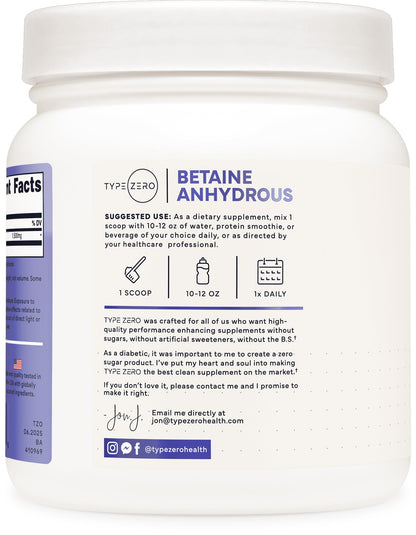 Type Zero Betaine Anhydrous Powder (1 LB) Unflavored - Clean Betaine Anhydrous Supplement, TMG, Trimethylglycine, 1,500mg Per Serving, Keto, GMO-Free Type ZeroUS supplements