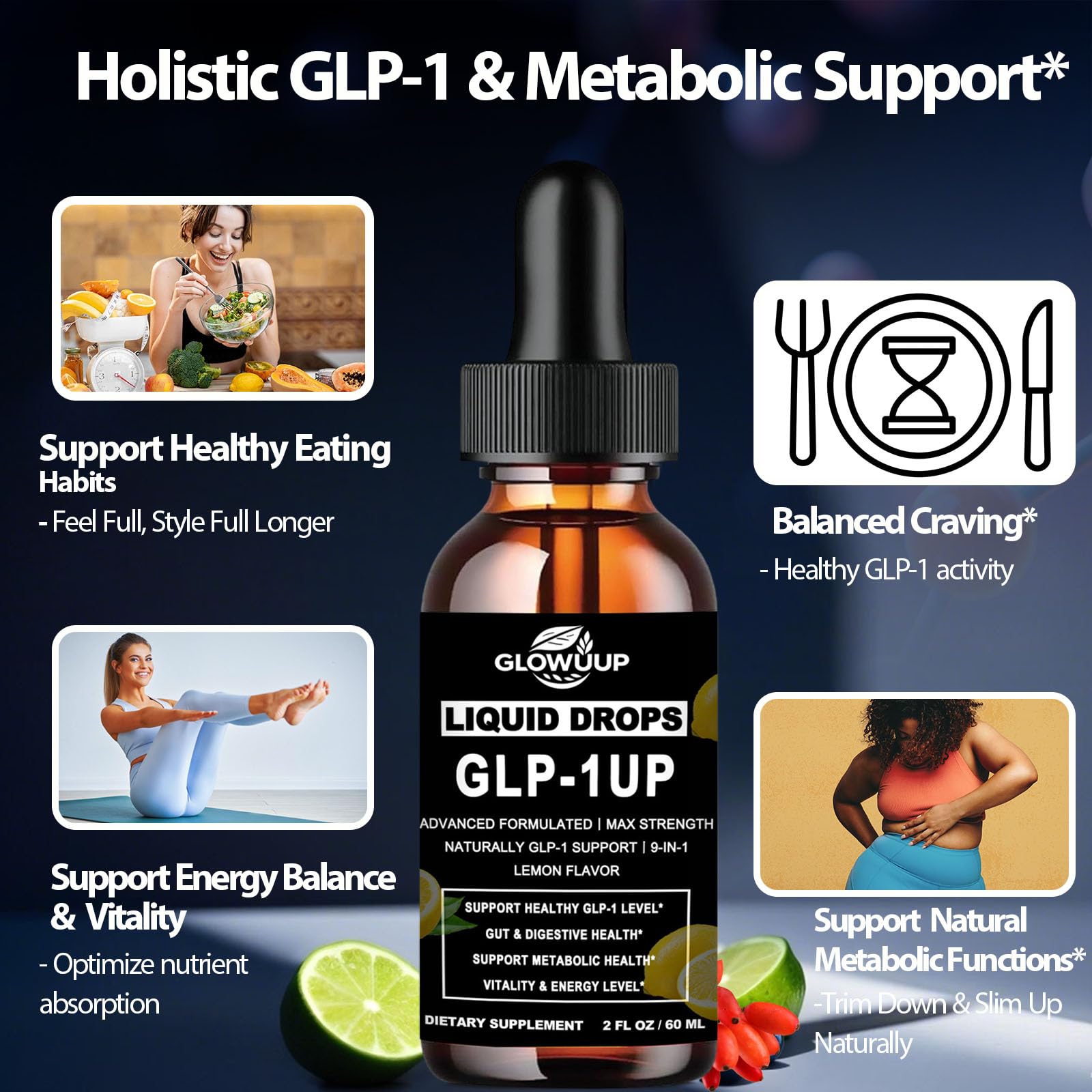 GLP-1 Supplement for Women & Men, 9-in-1 Naturally GLP-1 Support w. Berberine HCI Cyelon Cinnamon Green Tea Eriocitrin, GLP1 for Gut Digestion Metabolic, GLP-1 Drops 6X Stronger Than Capsules GLOVVUUPAu supplements