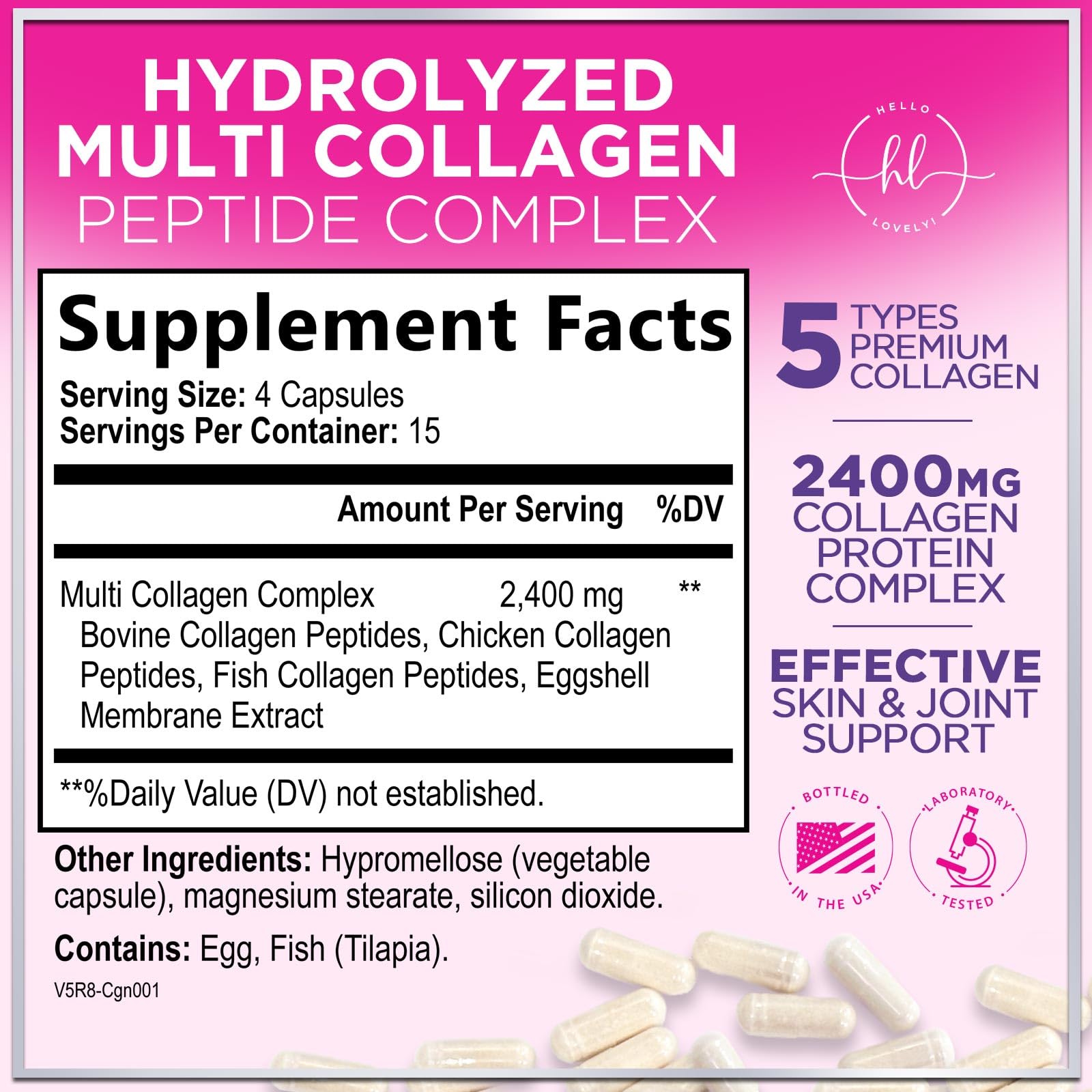 Multi Collagen Supplement 2400 mg - Types I, II, III, V & X Multi Collagen Peptides Pills for Women & Men, Hydrolyzed Collagen Supplements, Hair, Skin, Nail, & Joint Support Supplement, 60 Capsules Hello Lovely!Au supplements