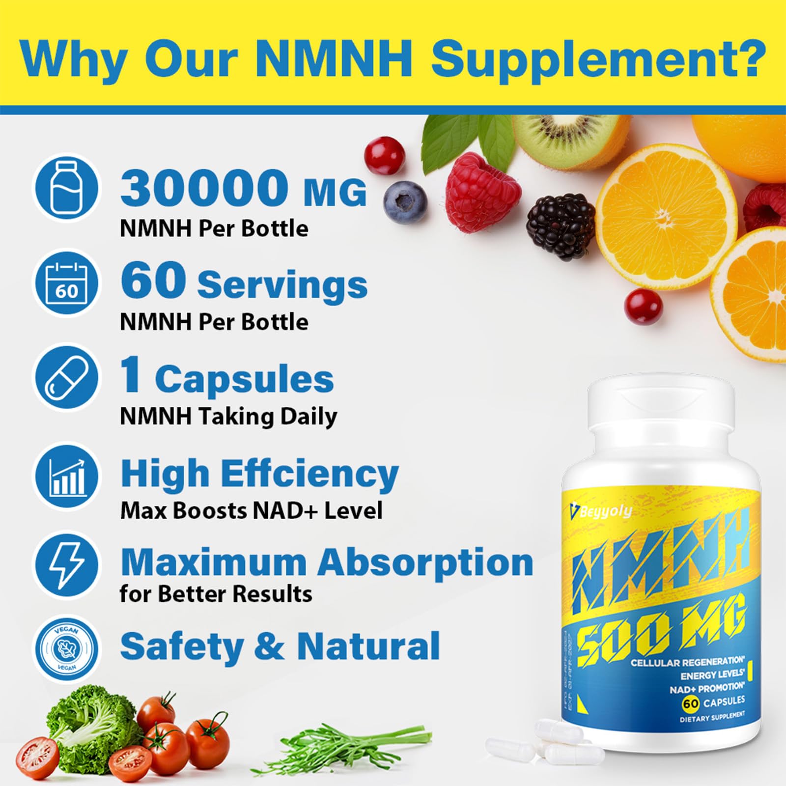 NMNH (NMN Supplement Alternative) NAD Supplements for Anti Aging, Energy, Immune, Focus (Dihydronicotinamide Mononucleotide) 500mg, to Boost NAD+ Levels As We Age, Pure Organic - 60 Capsules BeyyolyAu supplements