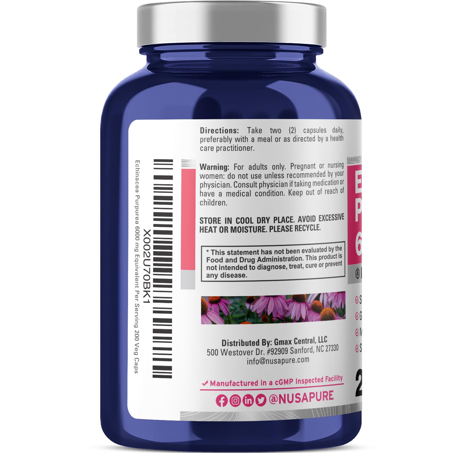 NusaPure Echinacea 20:1 Extract, 300 mg Equivalent to 6,000mg 200 Veggie Caps, Vegan, Non-GMO, Gluten Free Supplement NusaPureAu supplements