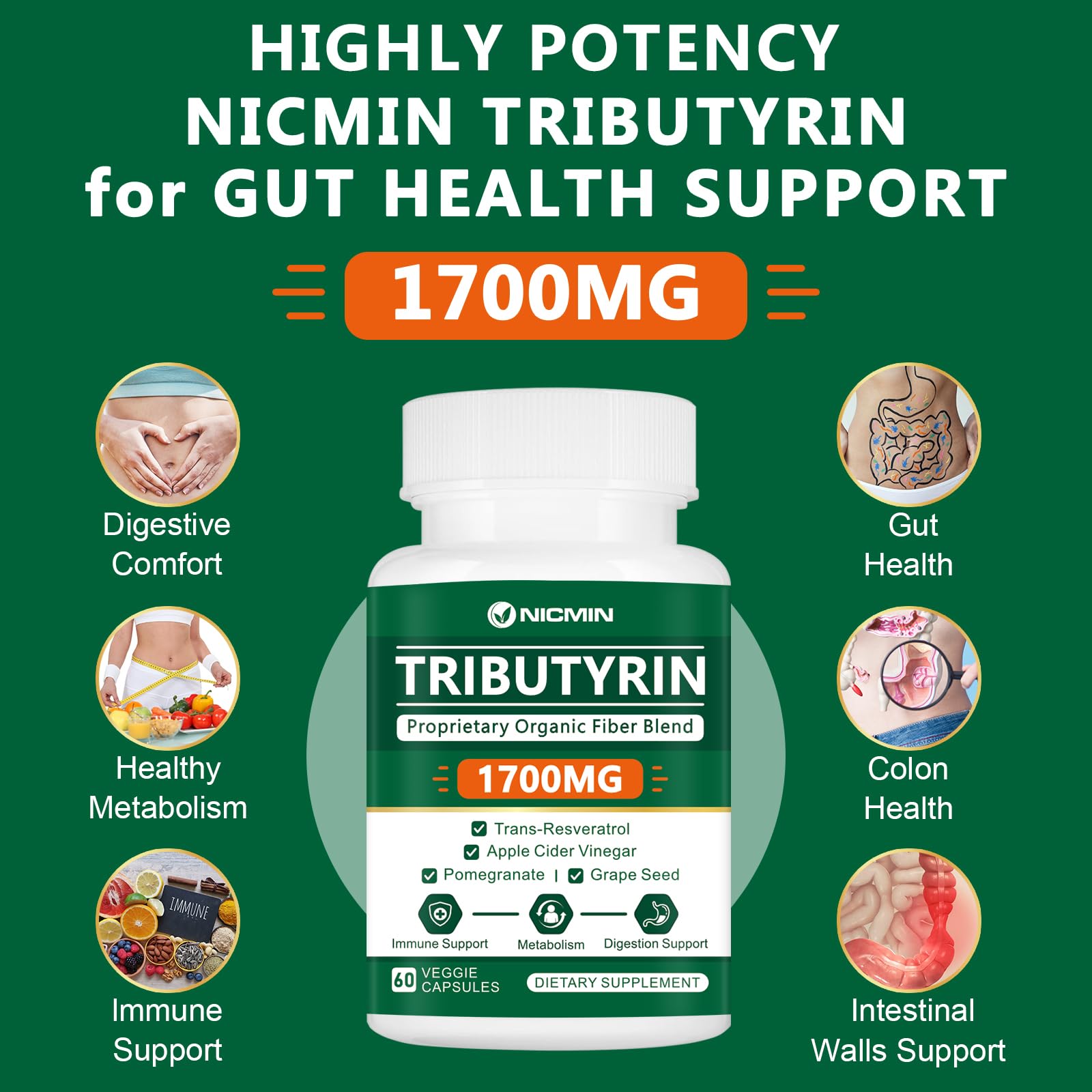 NICMIN Tributyrin Supplement - Premium Butyrate Gut Health Supplement for Leaky Gut 60 Capsules NICMINAu supplements