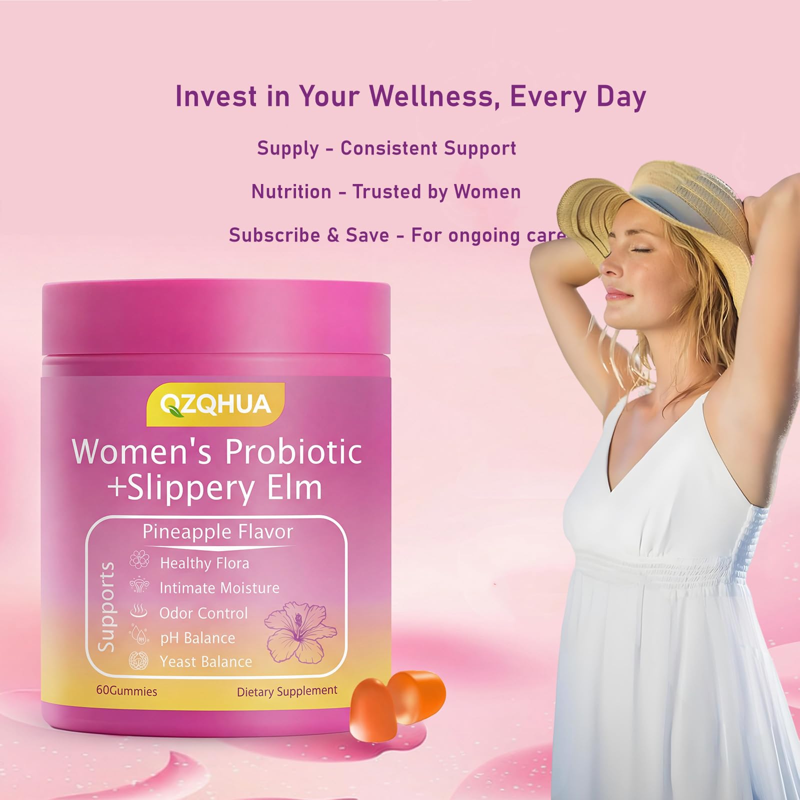 Premium Feminine Balance Gummies for Women - 60 Gummies, Hawaiian Pineapple Flavor - with Probiotics & Vitamin C - Supports Feminine Wellness & Healthy Balance - Gluten Free, Vegan（30 Servings）（Q2） QZQHUAAu supplements