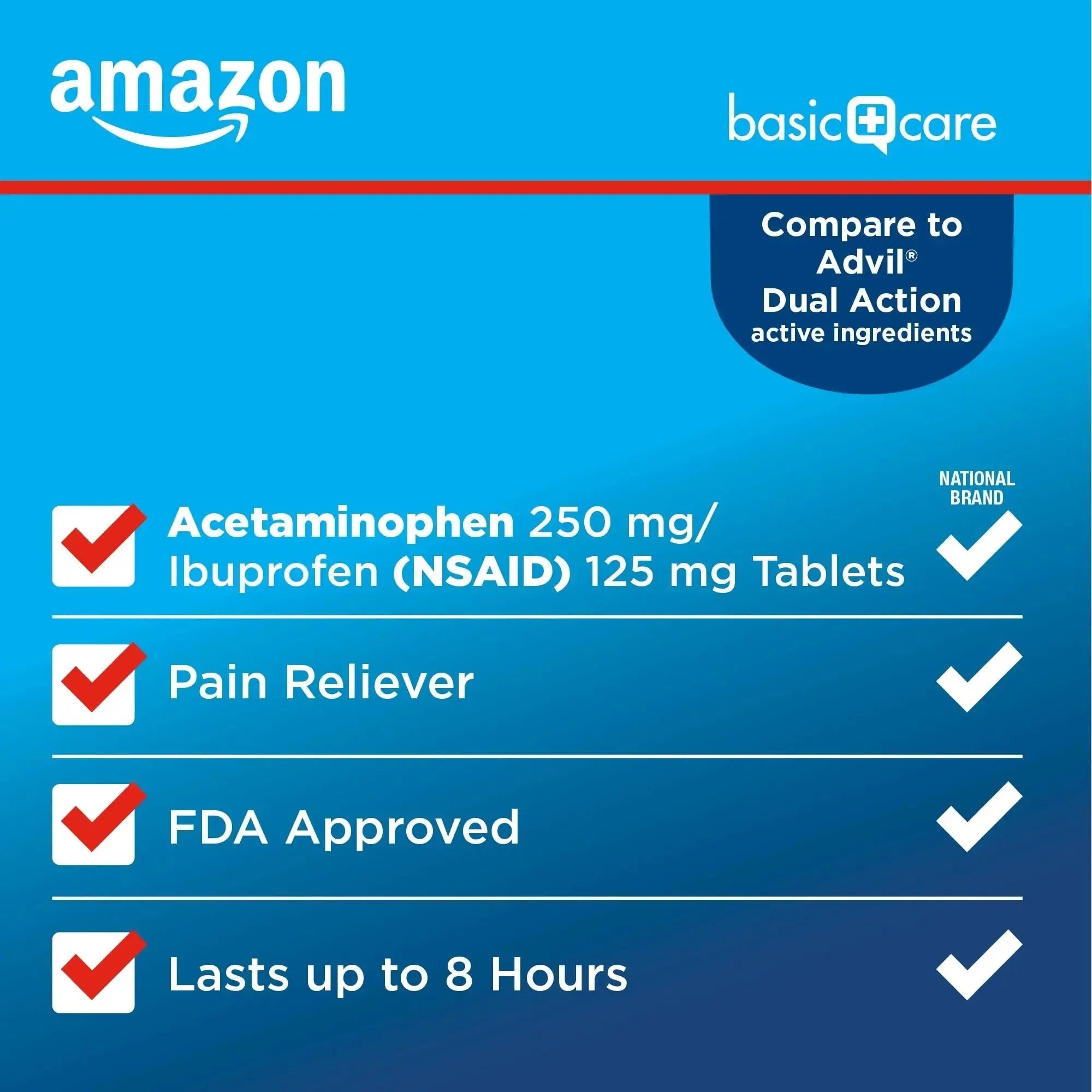 Amazon Basic Care Dual Action Acetaminophen 250 mg and Ibuprofen (NSAID) 125 mg Tablets, Pain Reliever for Headache, Backache, Menstrual Pain, Arthritis Pain Relief, 216 Count Amazon Basic CareAu supplements