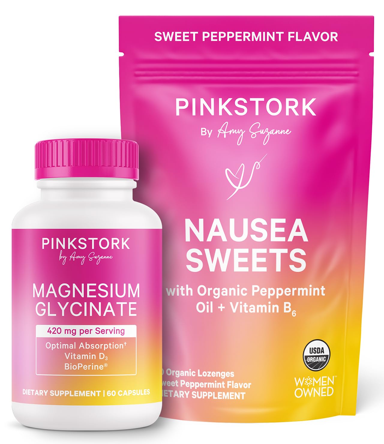 Pink Stork Mood and Stomach Relief Bundle - Magnesium Glycinate and Organic Peppermint Sweets for Morning Sickness and Motion Sickness, Mood Support Pink StorkAu supplements