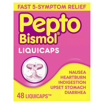 Pepto Bismol Liquicaps, Upset Stomach Relief, Nausea Relief, Heartburn Relief, Indigestion Relief, Anti Diarrhea Medication for Adults - 5 Symptom Fast Relief, No Flavor, 48 ct Pepto BismolAu supplements