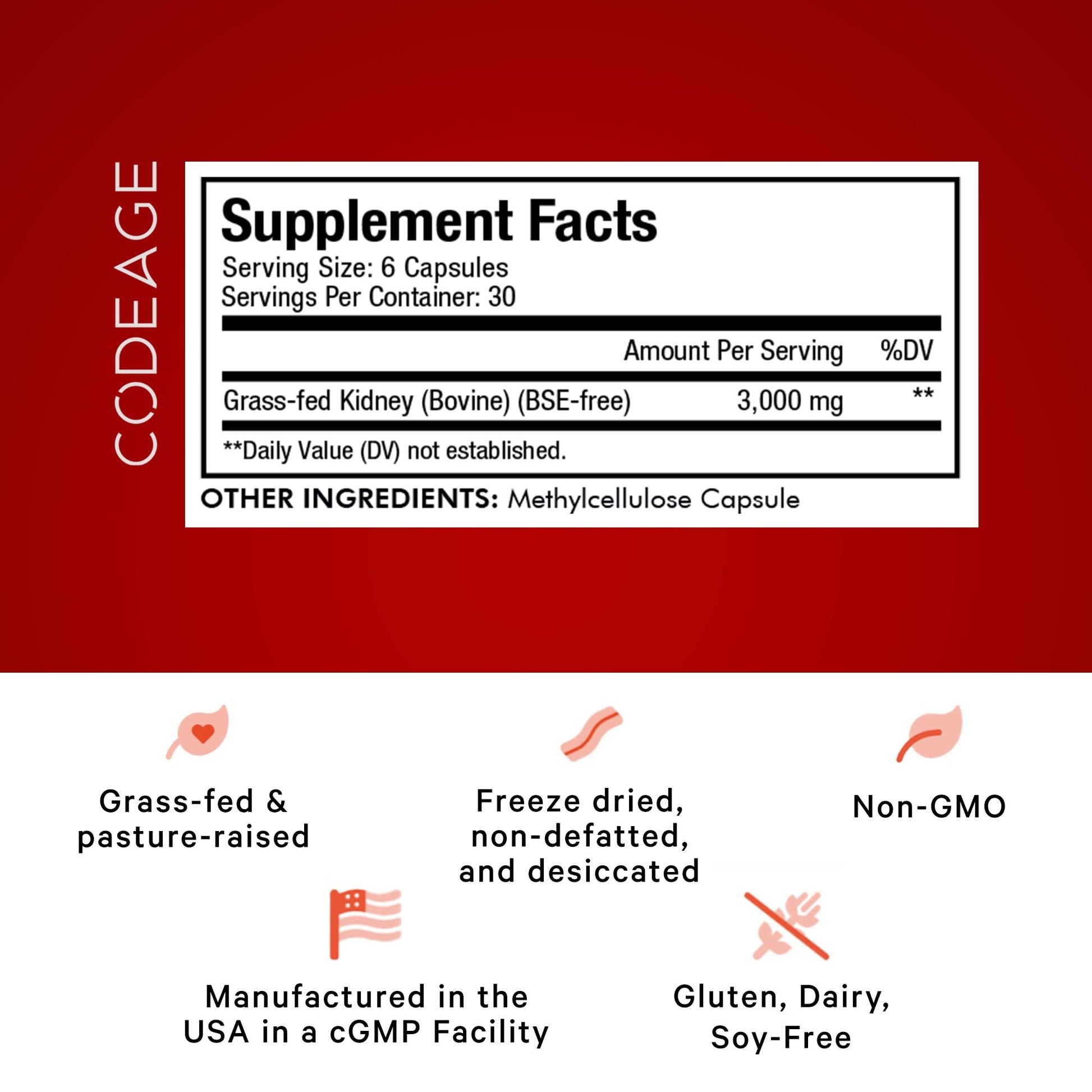 Codeage Grass Fed Beef Kidney Supplement - Freeze Dried, Non-Defatted, Desiccated Glandulars Nutrition Bovine Pills – Pasture Raised Beef Vitamins - Non-GMO -180 Capsules CodeageAu supplements