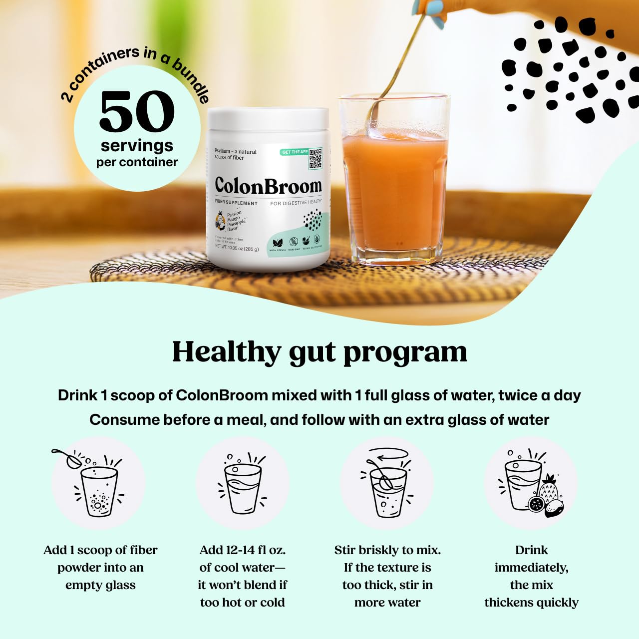 ColonBroom Psyllium Husk Powder - Colon Cleanse for Bloating Relief & Gut Health - Fiber Powder Drink - Easy to Mix - Vegan, Gluten Free, Non-GMO - Strawberry & Tropical Fruits (2 Pack) ColonBroomAu supplements