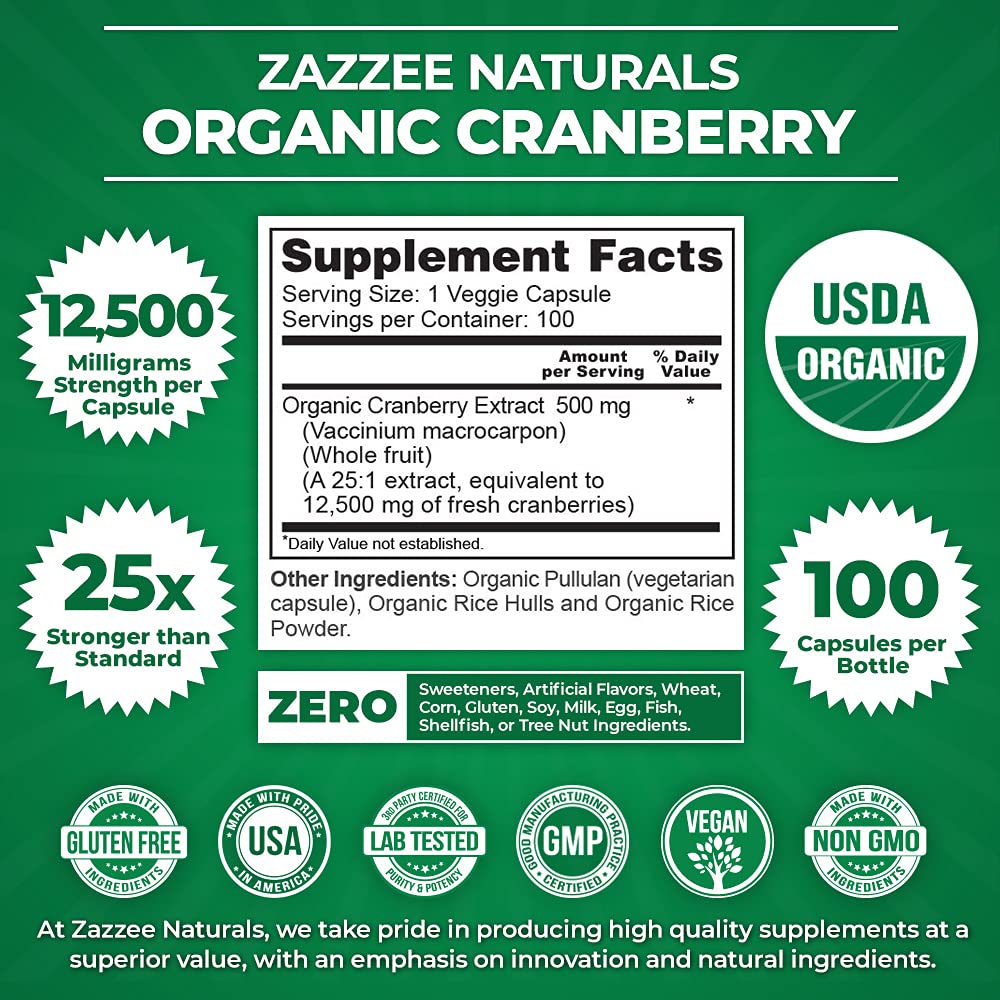 Zazzee USDA Organic Cranberry 25:1 Extract, 12,500 mg Strength, 100 Vegan Capsules ZazzeeUS supplements