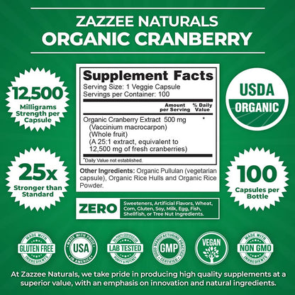 Zazzee USDA Organic Cranberry 25:1 Extract, 12,500 mg Strength, 100 Vegan Capsules ZazzeeUS supplements