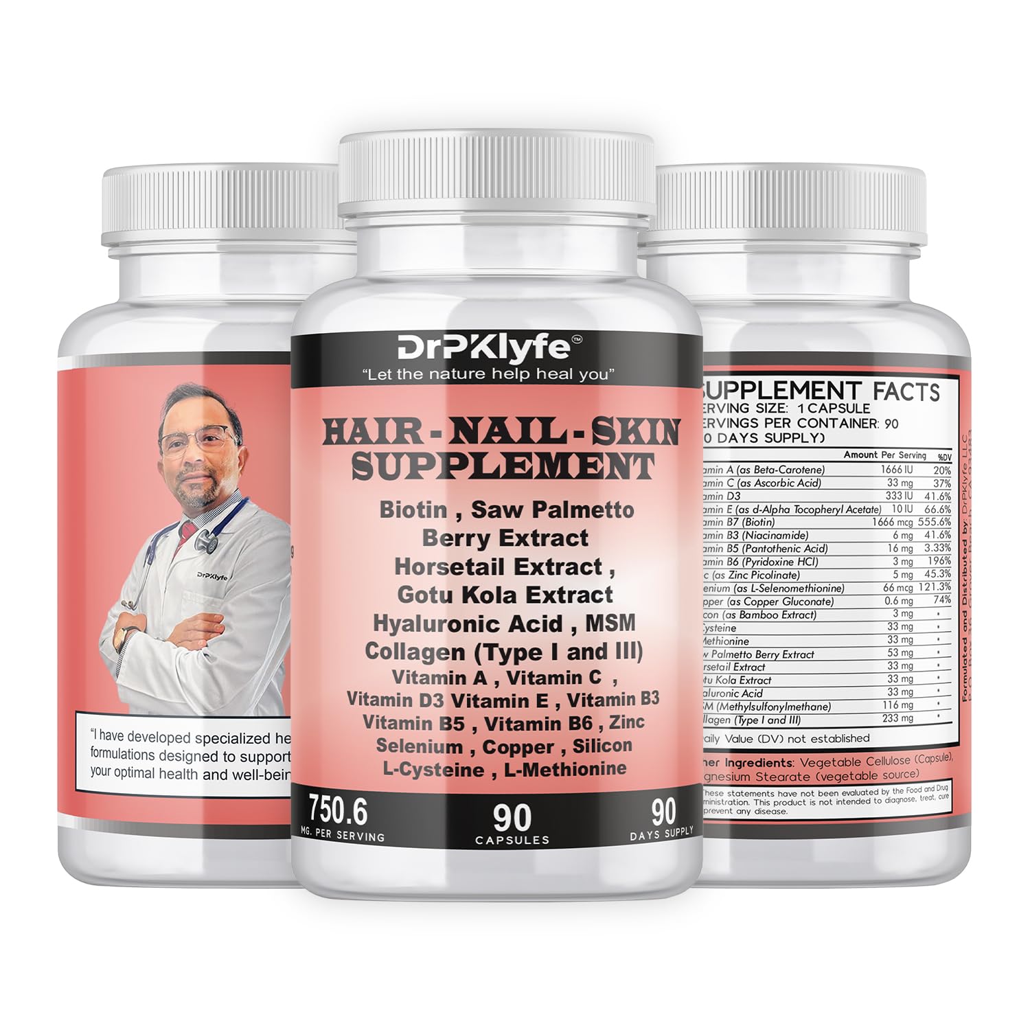 DrPKLyfe Hair, Nail and Skin Supplement Capsules:Biotin, Collagen, Collagen Peptides, Acid Hyaluronic, Biotin, Vitamin A, C, B5, B6 Saw Palmetto & More - 90 Capsules. DrPKLyfeAu supplements