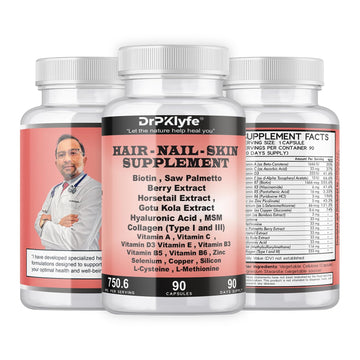 DrPKLyfe Hair, Nail and Skin Supplement Capsules:Biotin, Collagen, Collagen Peptides, Acid Hyaluronic, Biotin, Vitamin A, C, B5, B6 Saw Palmetto & More - 90 Capsules. DrPKLyfeAu supplements