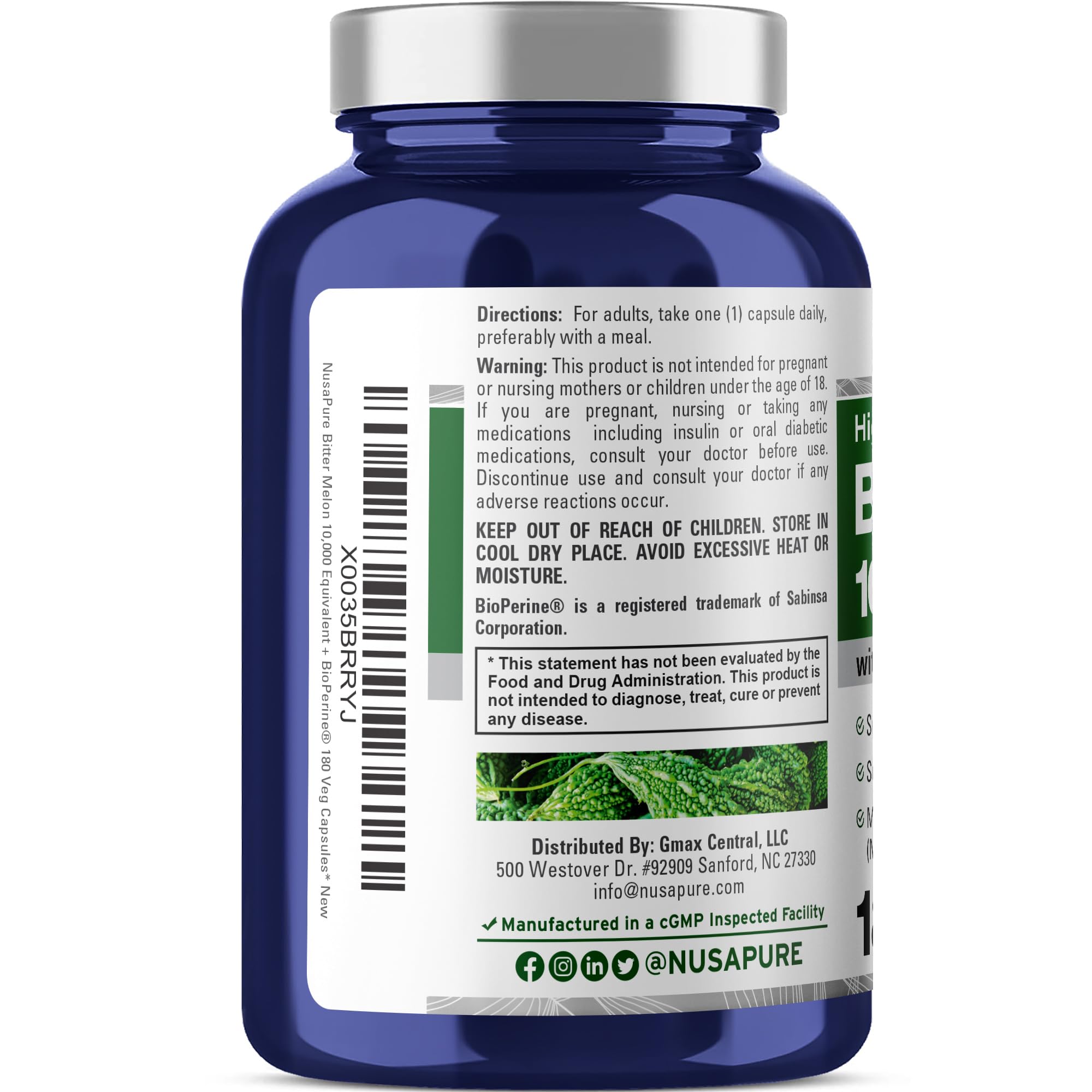 NusaPure Bitter Melon Extract 10,000 mg 180 Vegan Caps (100% Vegetarian, Non-GMO, Gluten-Free, 10% Bitter Principles) Bioperine NusaPureAu supplements