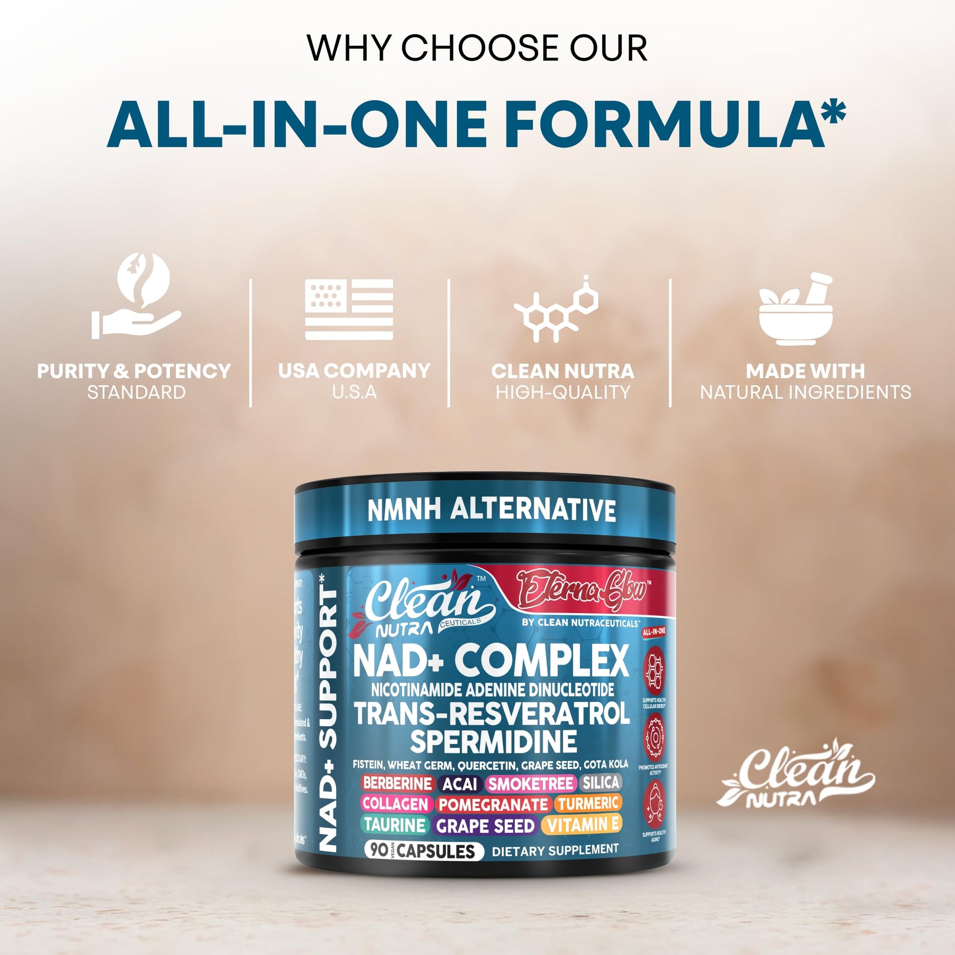 Clean NAD Supplement Resveratrol Liposomal NAD+ Spermidine Fisetin Wheat Germ Quercetin Grape Seed Extract Gotu Kola Berberine Astaxanthin Peptides for Women Energy 90 Capsules Clean NutraceuticalsAu supplements