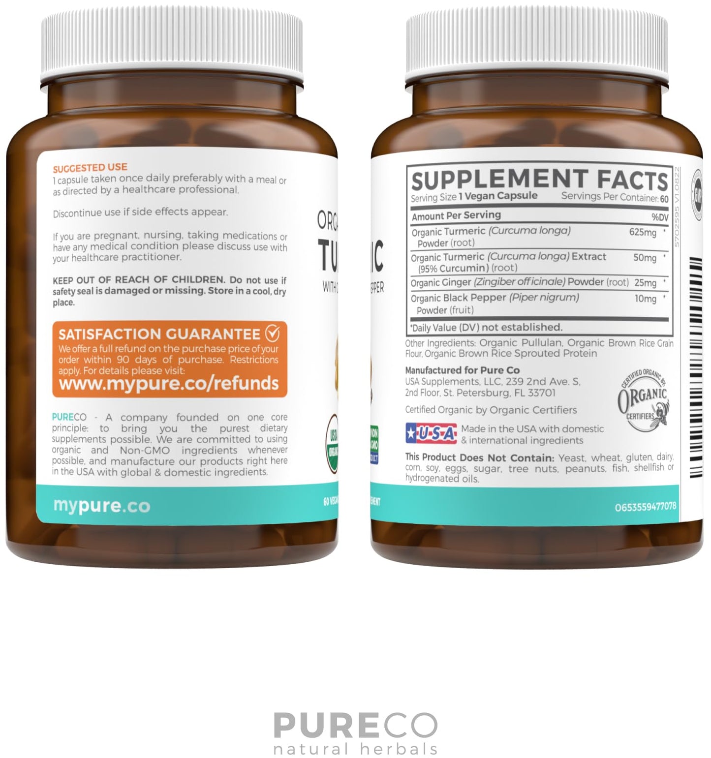 USDA Organic Turmeric Curcumin with Black Pepper and Ginger (2 Month Supply) PURE COUS supplements