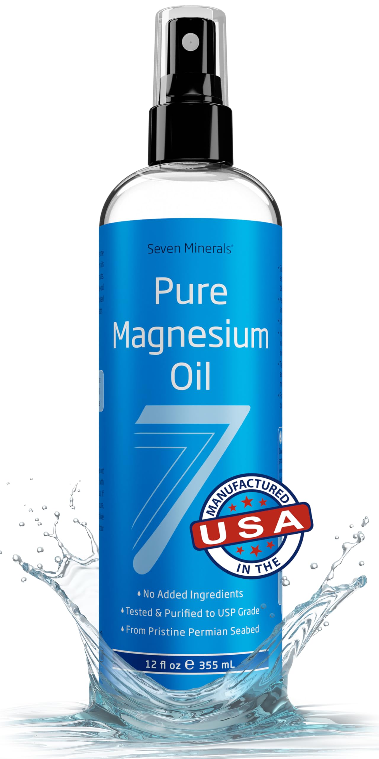 Seven Minerals Pure Magnesium Oil Spray, Big 12oz, USP Grade, Extra Strength, for Feet, Sleep, Muscle Pain & Cramps - Mined in The USA Seven MineralsAu supplements