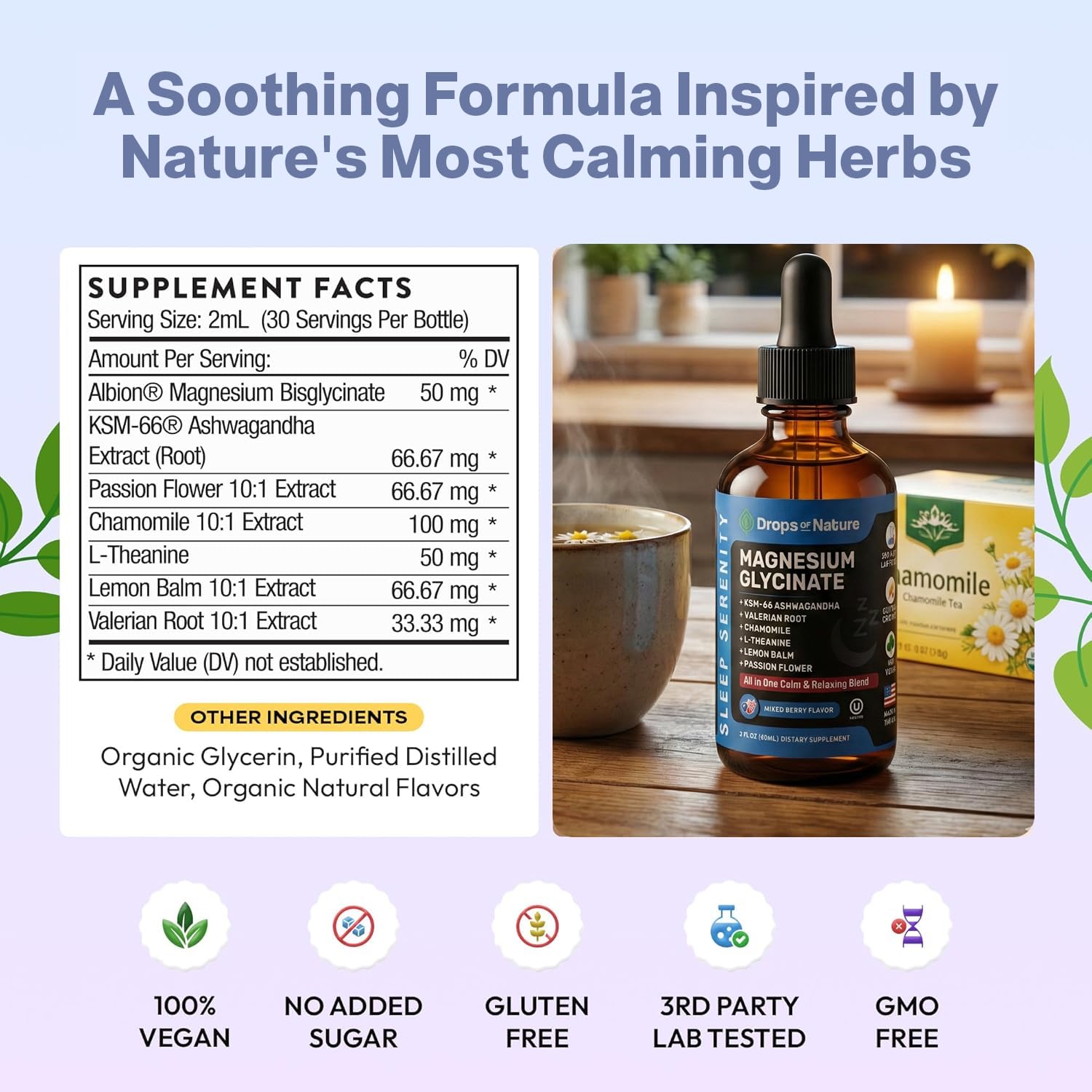 Magnesium Glycinate & Ashwagandha Liquid Drops with Valerian Root, Chamomile, Passion Flower, Lemon Balm & L-Theanine - Vegan Fast Absorption - Supplement for Wellness & Relaxation (Mixed Berry, 60mL) Drops Of NatureAu supplements