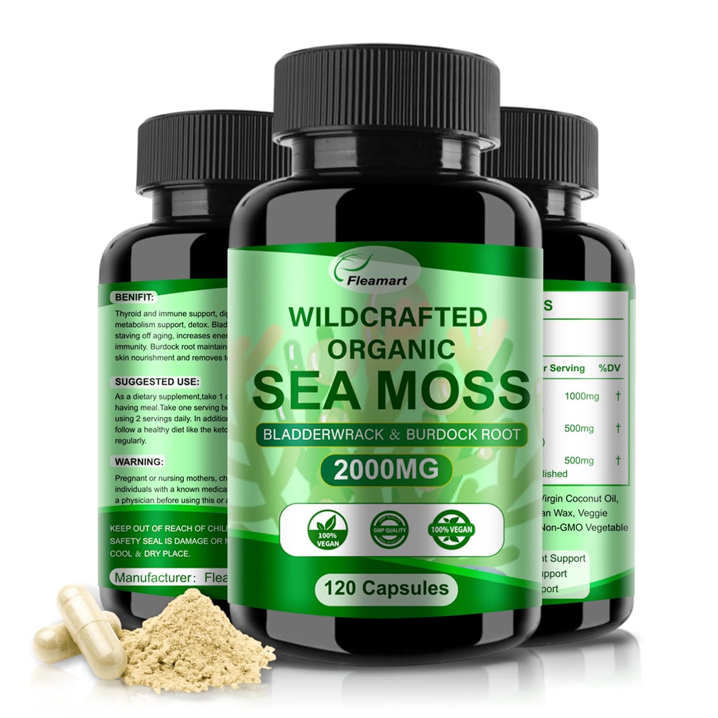 Fleamart Irish Sea Moss Capsules 120ct Raw Organic Sea Moss Wildcrafted Bladderwrack FleamartUS supplements