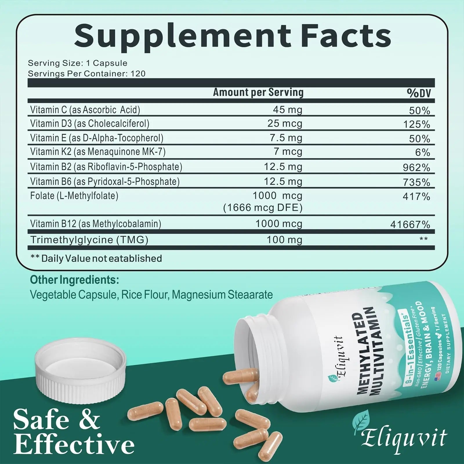 Eliquvit Methylated Multivitamin for Men & Women - Methylated B Complex with Methylfolate & B12-9-in-1 MTHFR Support + TMG - Vegan Multivitamin EliquvitAu supplements