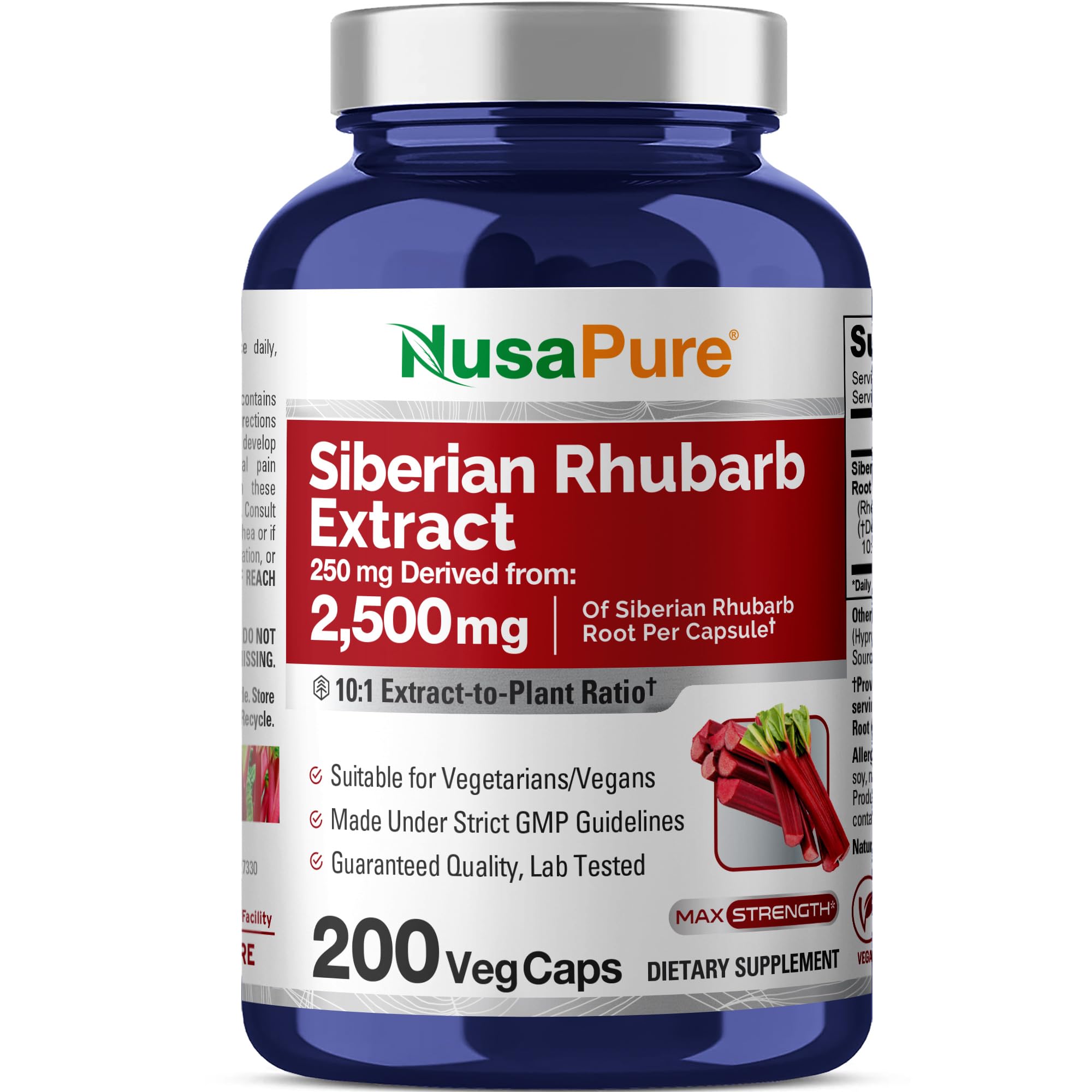 NusaPure Siberian Rhubarb 10:1 Extract, 250 mg Equivalent to 2,500mg - 200 Veggie Capsules (Vegetarian, Non-GMO, Vegan) NusaPureAu supplements
