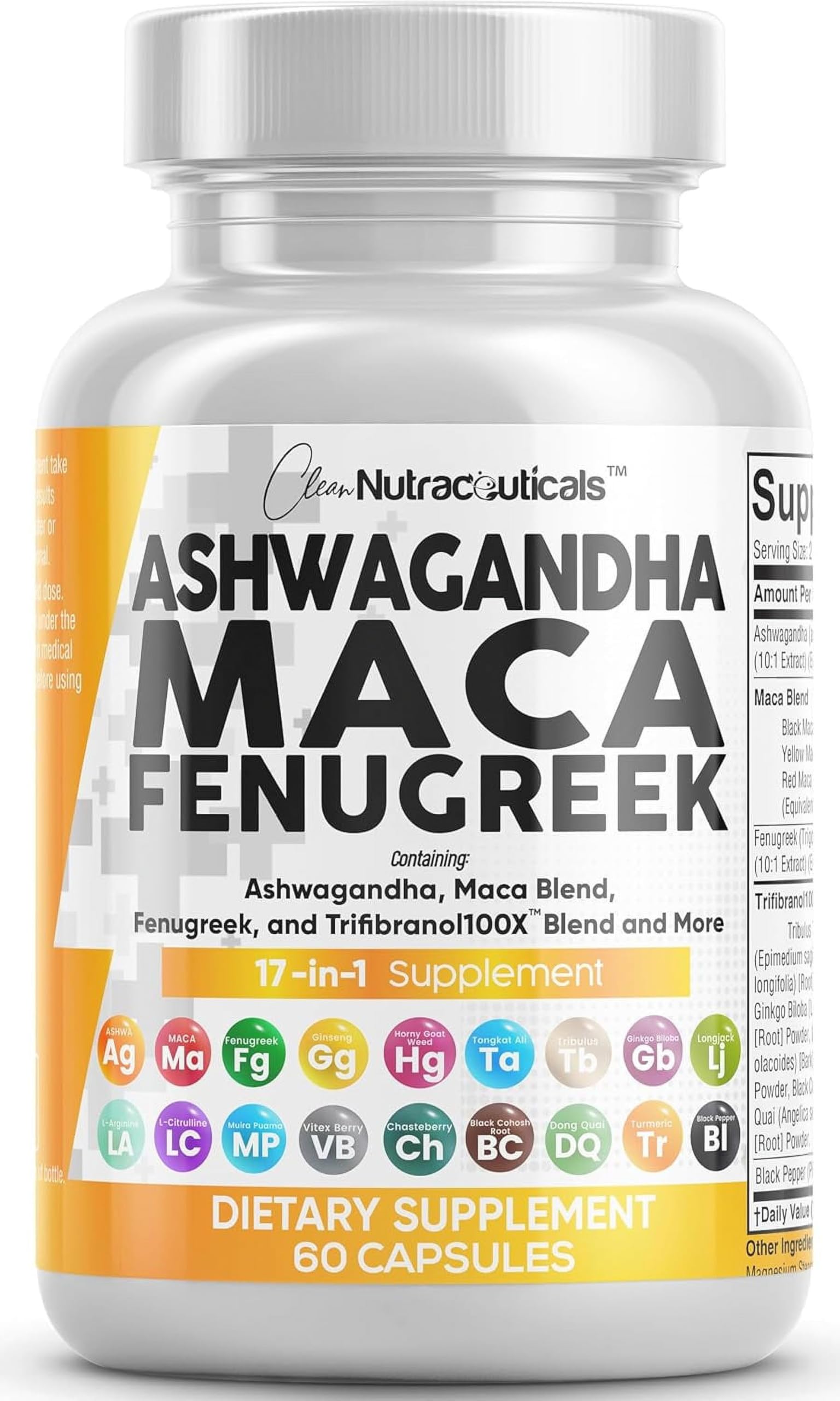Clean Nutraceuticals Ashwagandha Maca Root Fenugreek Supplement with Tongkat Ali Ginseng - Assists with Stress, Mood & Thyroid - Ashwagandha Capsules Fenugreek Caps - 1 Pack Clean NutraceuticalsAu supplements