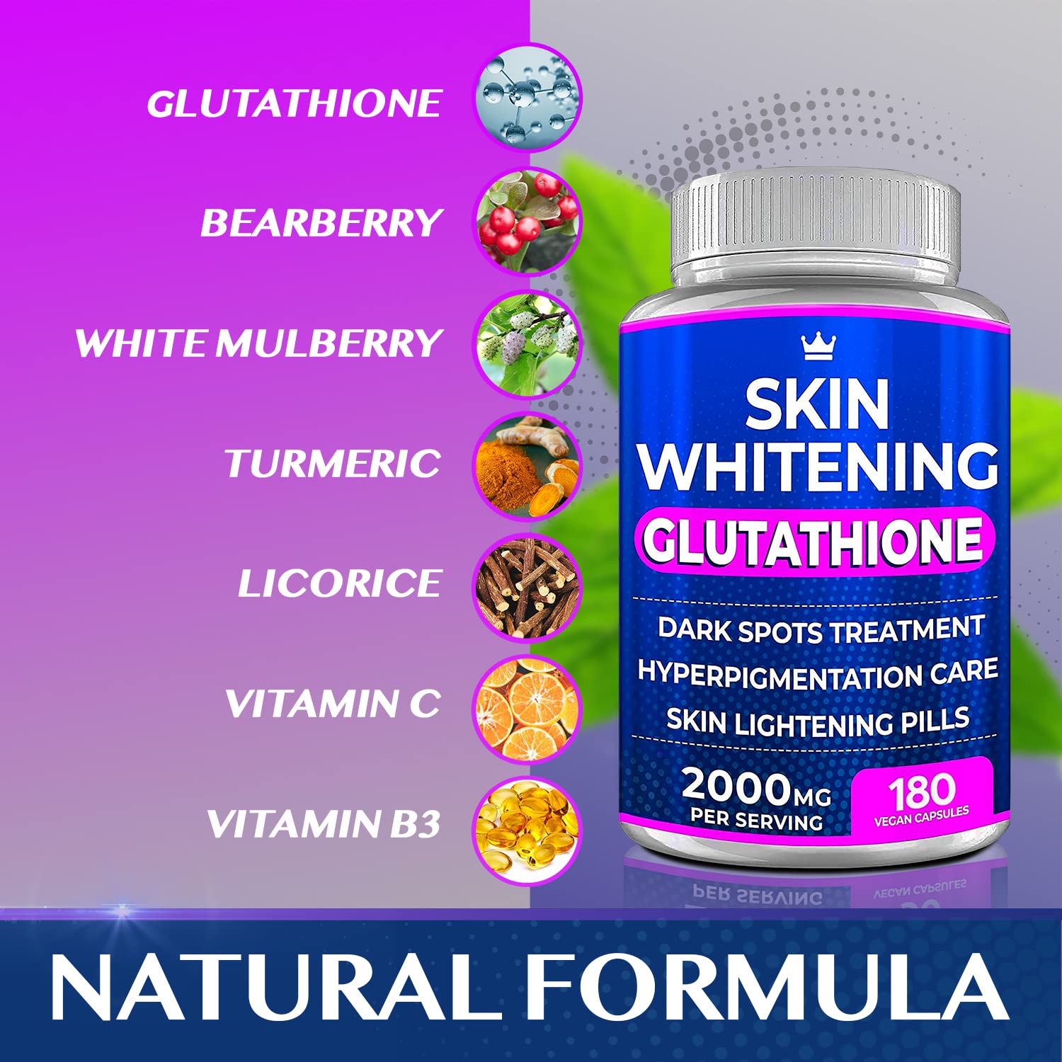 Glutathione Whitening Pills - 180 Capsules 2000mg Glutathione - Effective Skin Lightening NORTHERN CROWN COSMETICSUS supplements