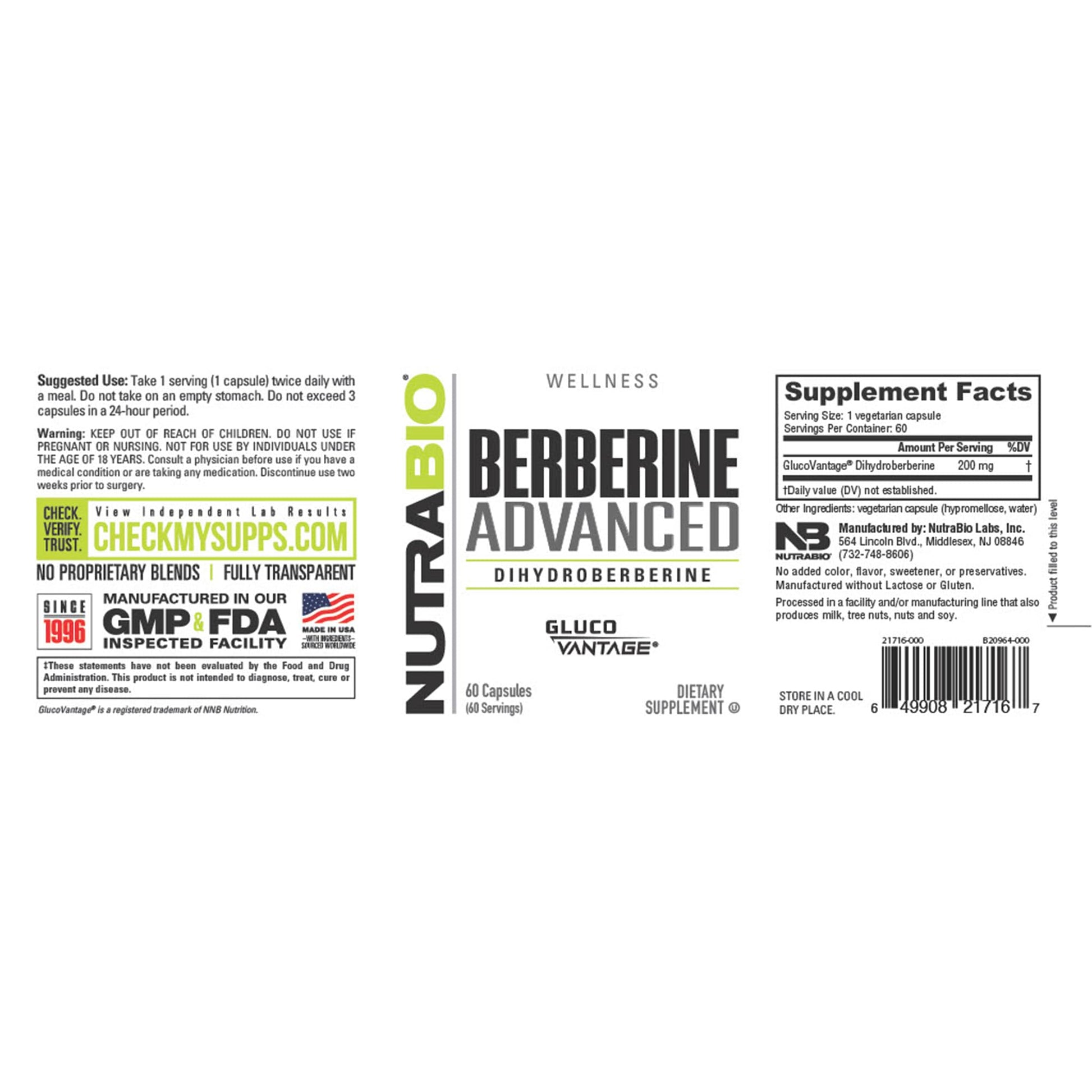 NutraBio Berberine Advanced Supplement (Dihydroberberine), 200 mg - Provides Advanced Absorption Carbohydrate Tolerance Support, 60 Caps NutraBioAu supplements