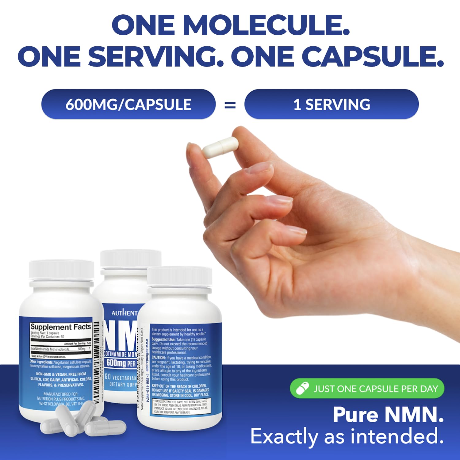NMN Supplement 600 mg/Capsule Once Daily | 99% Pure Beta Nicotinamide Mononucleotide | Potent NAD⁺ Precursor | Supports Cellular Energy & Metabolism | Vegan, Non-GMO, Third-Party Tested & Gluten-Free AUTHENTAAu supplements