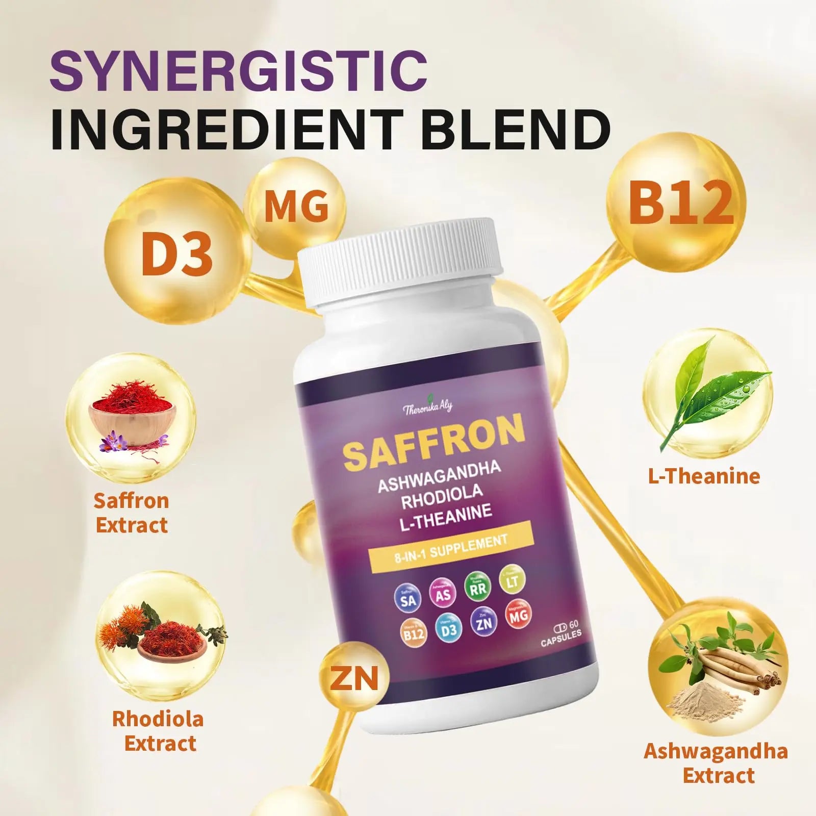 Theronika Aly Saffron Supplements – Blend with Ashwagandha, Safron, Rhodiola, Magnesium, L-Theanine, Zinc & B12, 88.5 mg Pure Saffron Extract Capsules Mood, Energy, Vision & Focus – 60 Vegan Capsules Theronika Alynz supplements