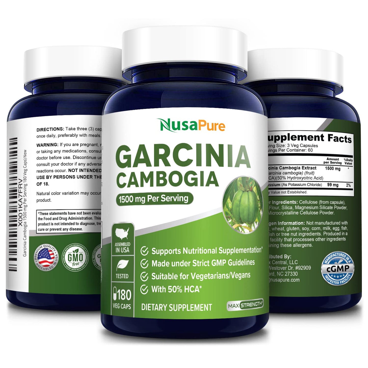 Garcinia Cambogia 180 Veggie Caps 1500mg (Vegetarian, Natural, Non-GMO & Gluten Free) NusaPureUS supplements