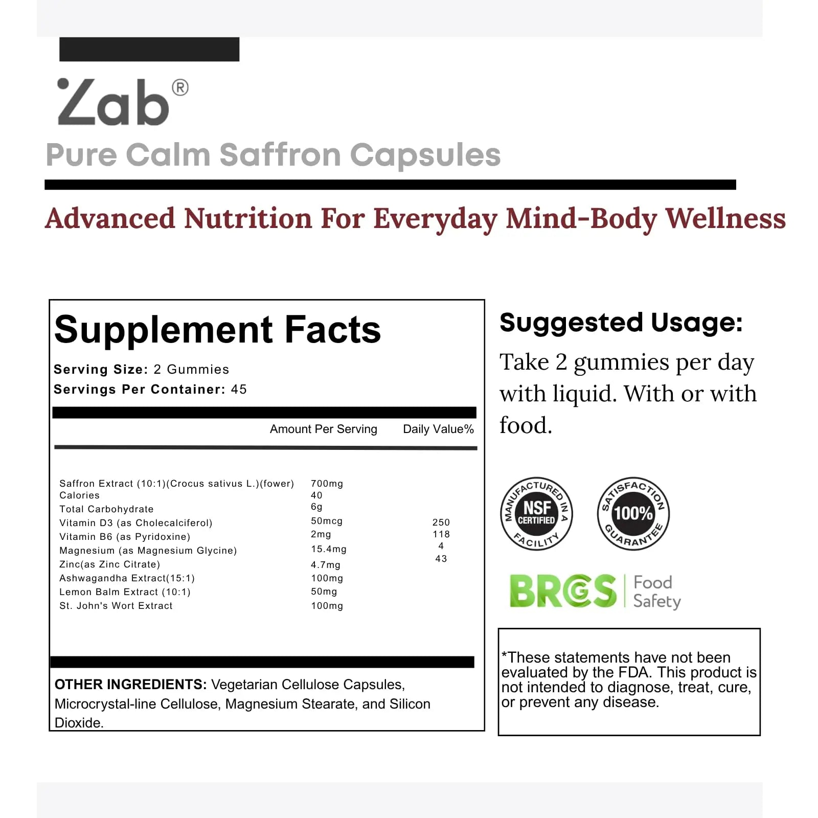 ZAB Saffron Supplements Gummies, Saffron & Rhodiola Rosea Extract Sugar-Free Supplement with Vitamin D3 & B6, Support Mood, Focus ZABAu supplements