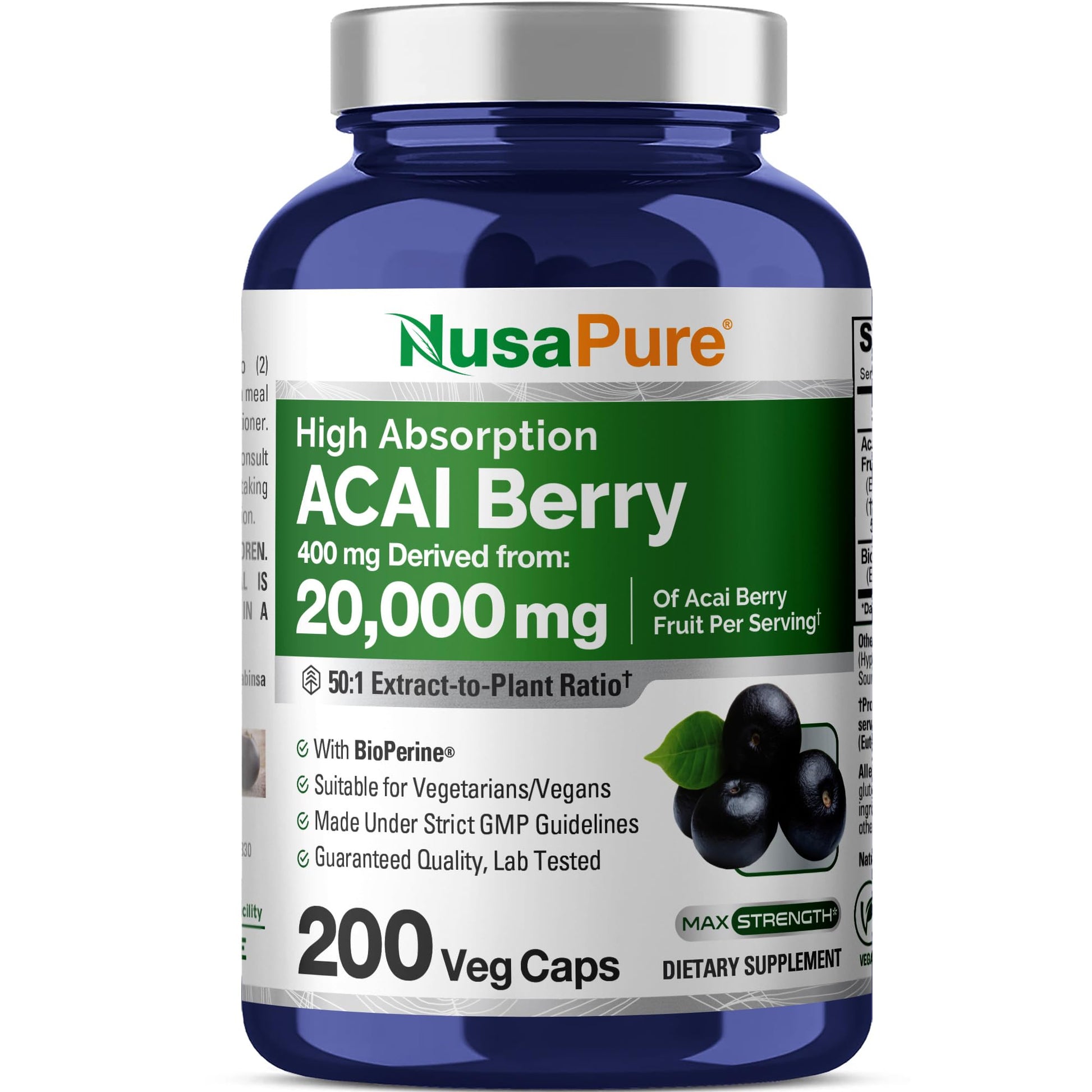 NusaPure Acai Berry 50:1 Extract - Suitable for Vegetarian/Vegan, Non - GMO - 20000 mg - 200 Capsules NusaPureAu supplements