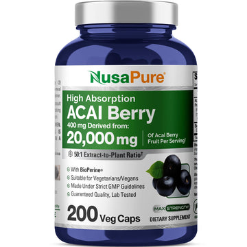 NusaPure Acai Berry 50:1 Extract - Suitable for Vegetarian/Vegan, Non - GMO - 20000 mg - 200 Capsules NusaPureAu supplements