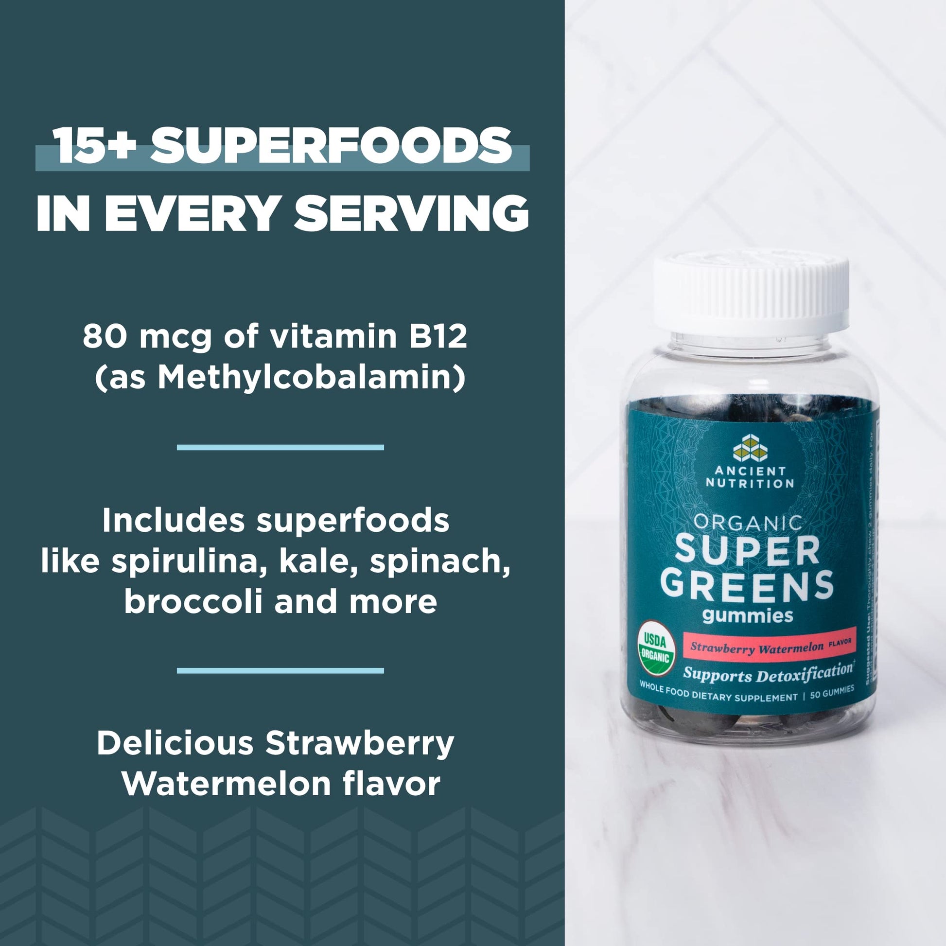 Ancient Nutrition Supergreens Gummy, Organic Superfood Gummy Made from Real Fruits, Vegetables and Herbs, for Digestive and Energy Support, 100 Count, Strawberry Watermelon Ancient NutritionAu supplements